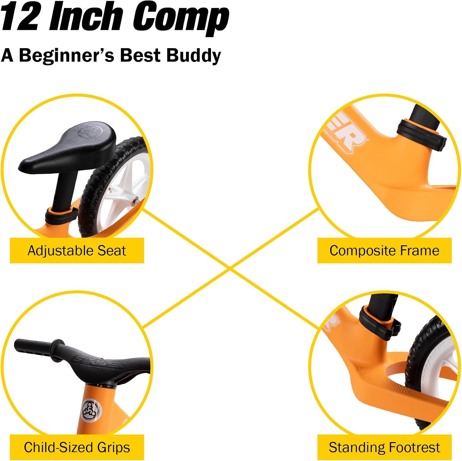 Strider 12 Comp, No Pedal Balance Bike for Kids Ages 1–3 Years | No-Pedal Composite Bike, Adjustable Seat, Lightweight Frame, Easy Assembly, Durable All-Weather Plastic, Never Flat Tires