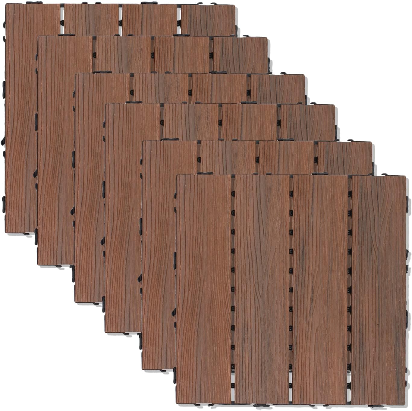 ECOOPTS 12"x12" Interlocking Deck Tiles Patio Floor Tiles Outdoor Flooring Wood Deck Tiles for Porch Balcony Backyard, 9 Slat x 15 Boxes, Brown