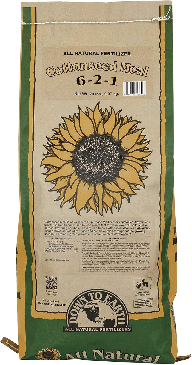 Down To Earth All Natural Fertilizers Organic Cottonseed Meal - 6-2-1, 20lb | Plant Food for Low pH, Acid Soil Loving Plants, High Nitrogen, Vegetable Gardens, Fruit Trees, Blueberries, Potatoes