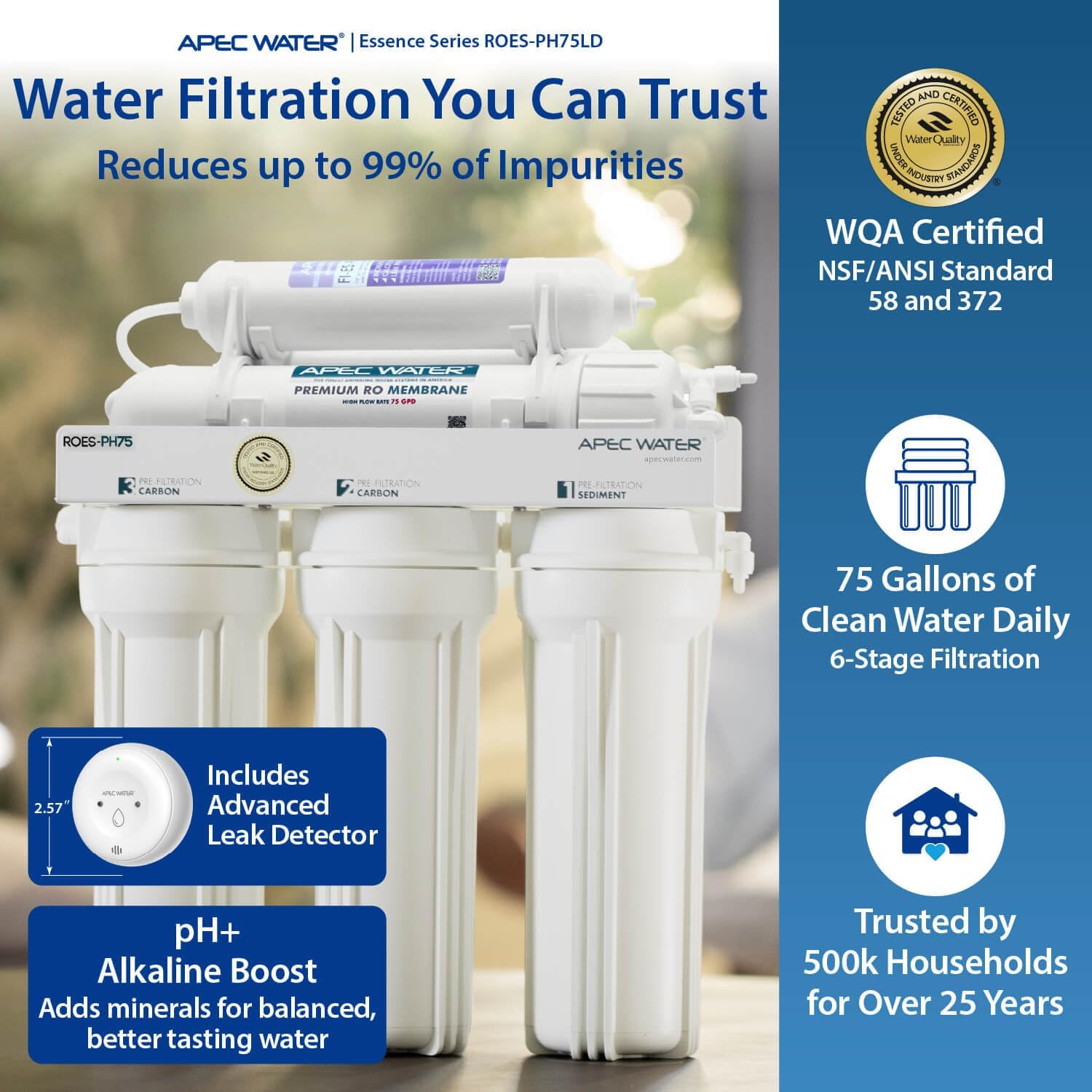 APEC Water ROES-50, 5-Stage Under Sink Reverse Osmosis System, 50 GPD | NSF Certified 372 & 58, Reduces 99% of Impurities, DIY Installation