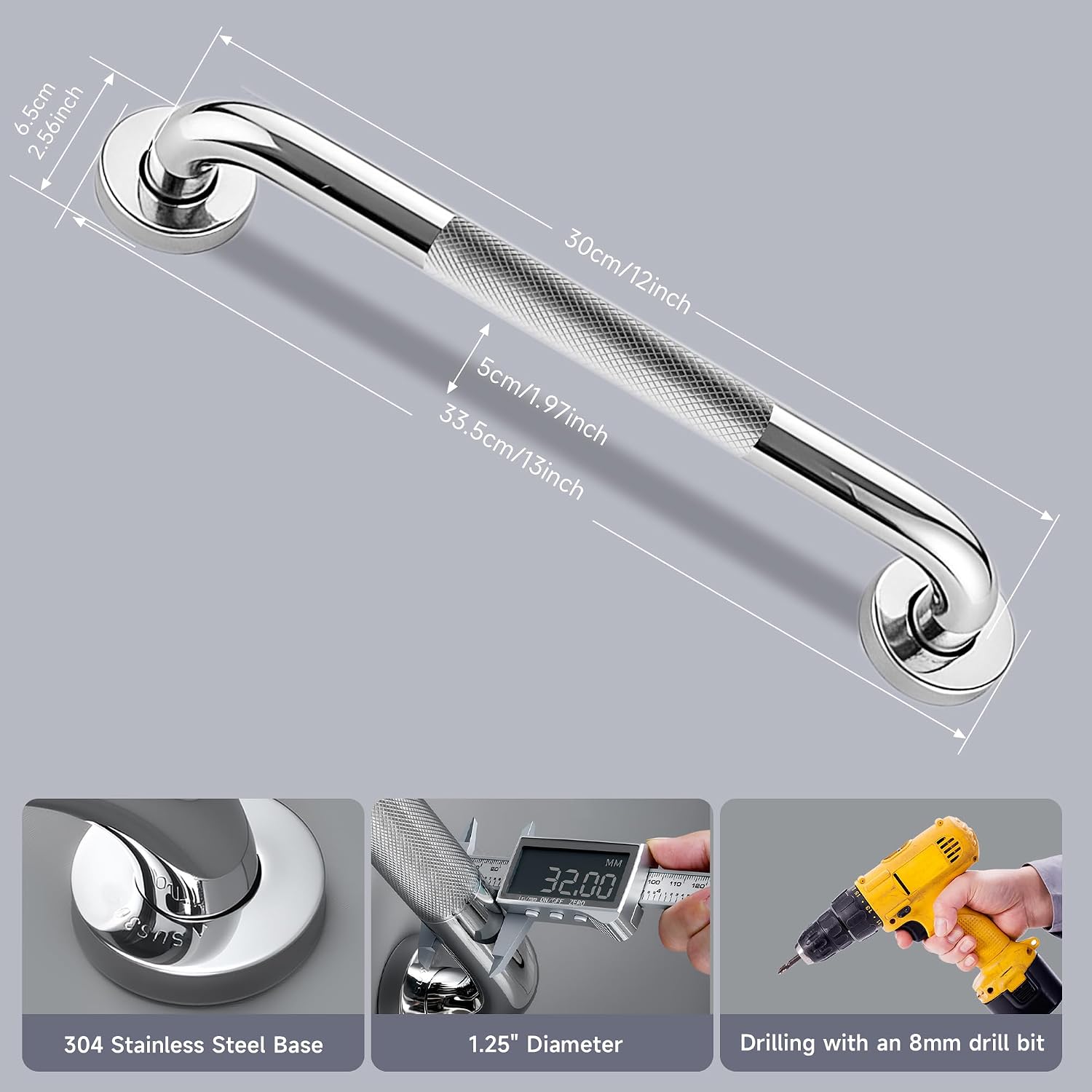 12 Inch Shower Grab Bar 1.25" Dia,Brushed Nickel Anti Slip Bathroom Grab Bar, 304 Stainless Steel Knurled Handicap Grab Bars, Safety Support Handrail,Bath Shower Handle for Elderly Injury Senior