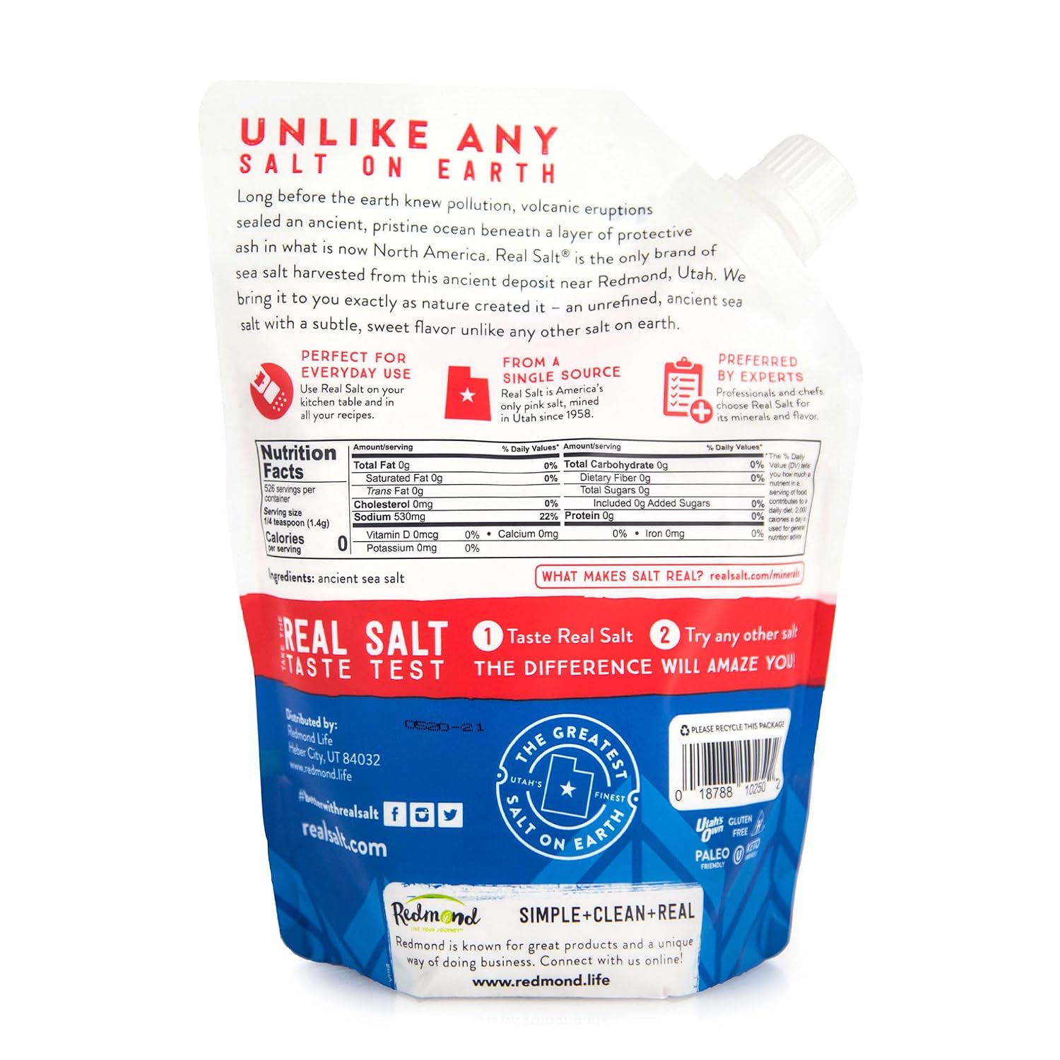 REDMOND Real Sea Salt - Natural Unrefined Gluten Free Fine, 26 Ounce Pouch (1 Pack)