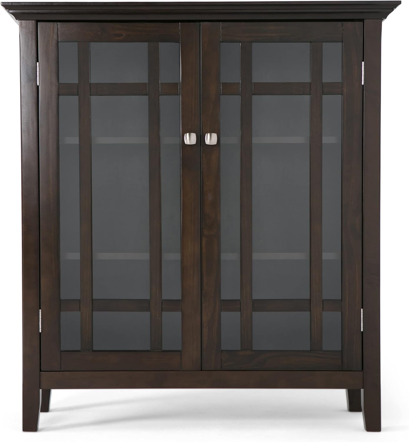 SIMPLIHOME Bedford 62" Wide Solid Wood Sideboard in Brunette Brown | Transitional low media console with glass doors and storage shelves for the living room, entryway or dining room.