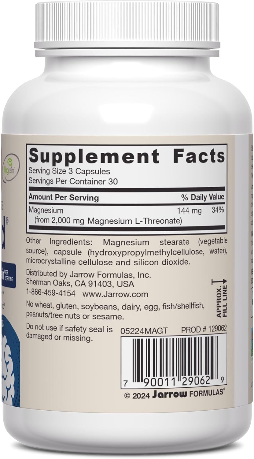 Jarrow MagMind Magtein Magnesium L-Threonate, 90 Capsules | Magnesium Supplement, Brain Supplements For Memory Support, Veggie Capsules, 30 Day Supply