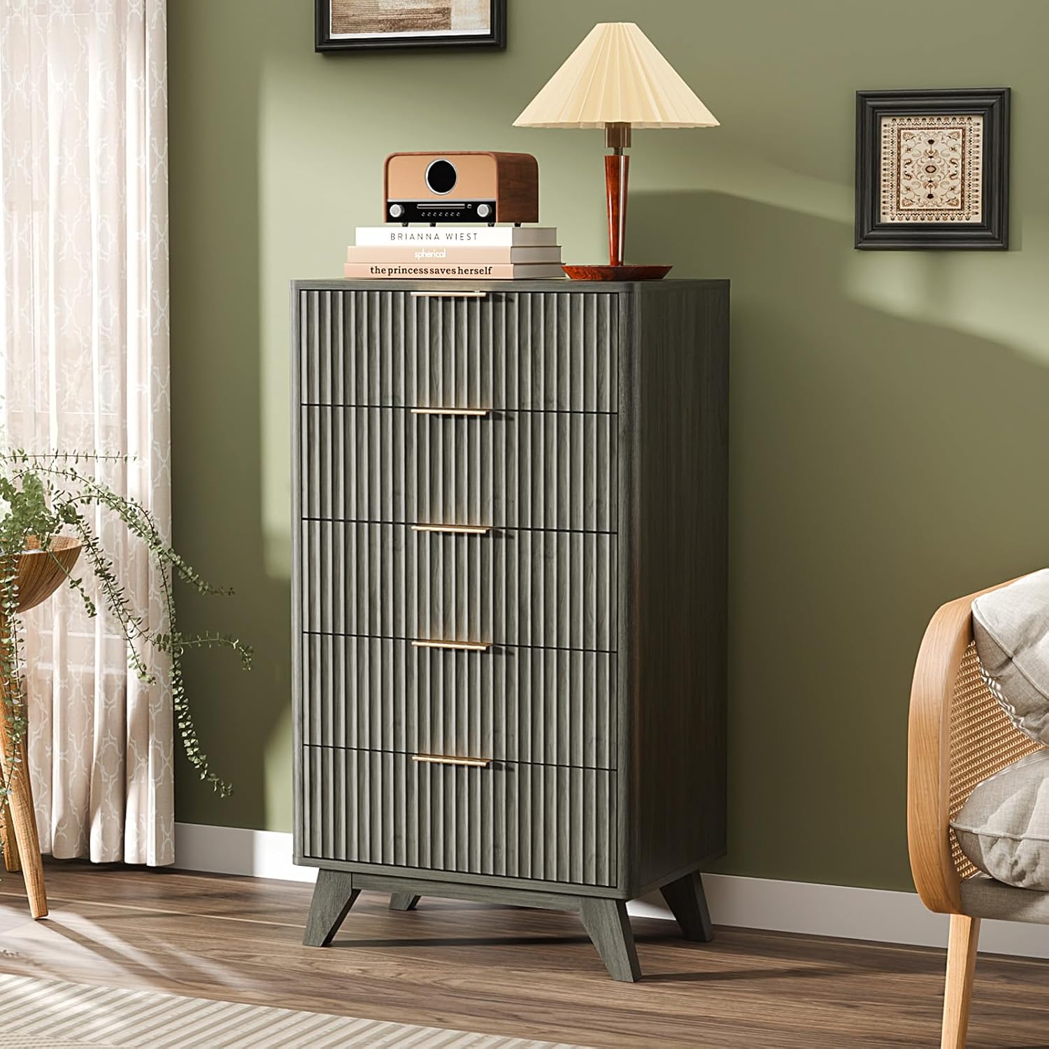 VINGLI Fluted Tall Dresser 5 Drawer, 23.66" W Chest of Drawers Gray Wood Dresser with Rounded Edges, Grey Dressers for Bedroom