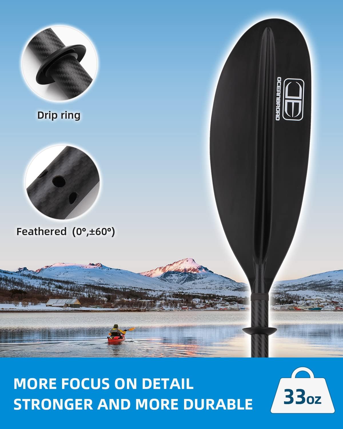 OCEANBROAD Carbon Fiber Kayak Paddle 90.5in/230cm, 86in/218cm for Adults Kayaking Boating Canoeing Oar with Paddle Leash