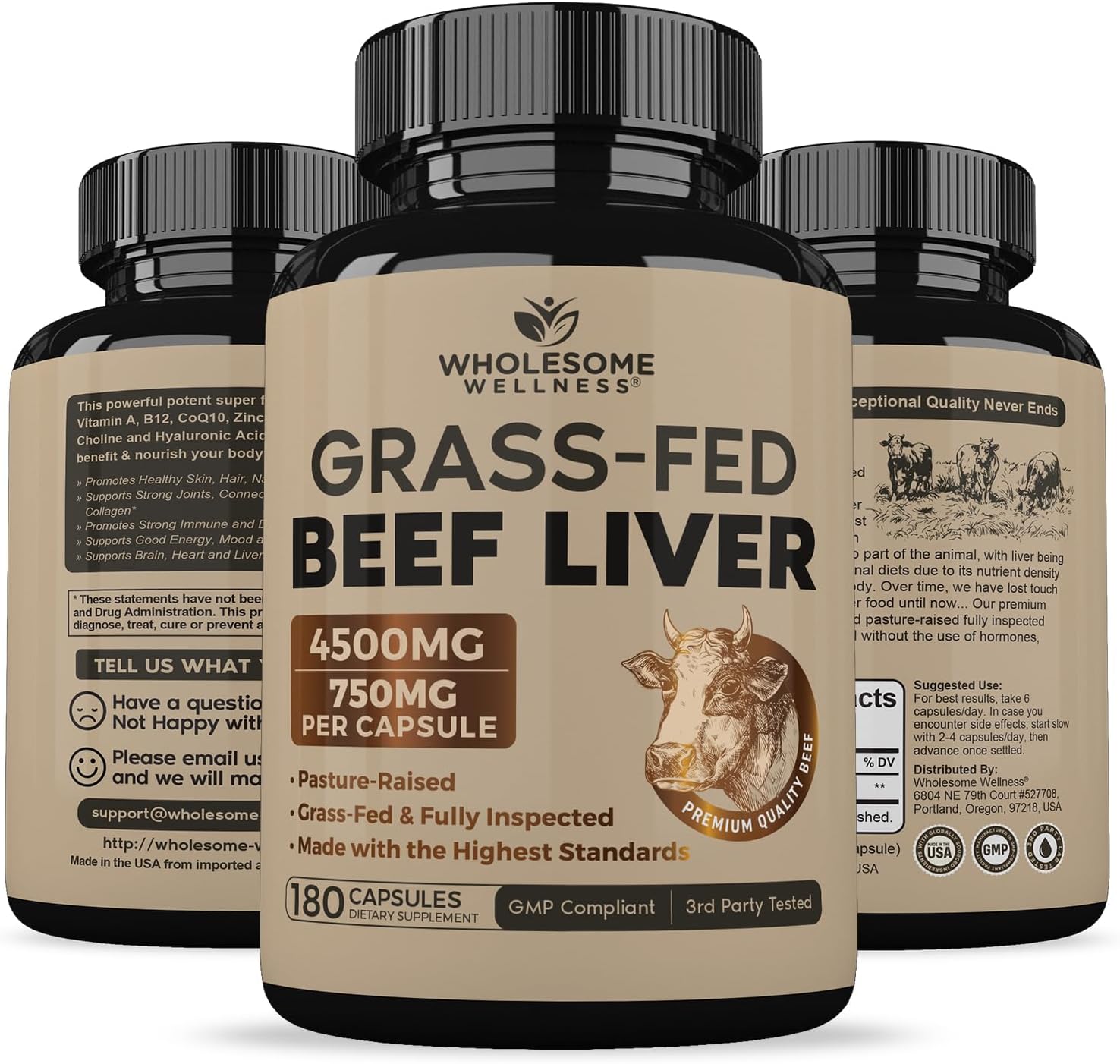 Wholesome Wellness Grass Fed Desiccated Beef Liver Capsules (180 Pills, 750mg Each) - Natural Iron, Vitamin A