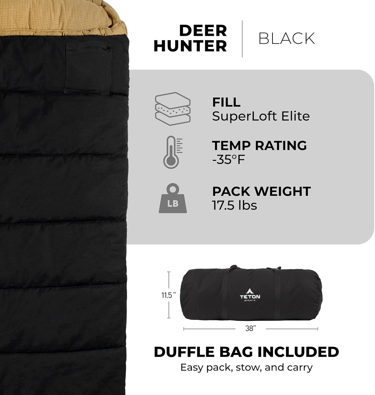 TETON Sports Deer Hunter Sleeping Bag, Warm and Comfortable Camping Sleeping Bag, Teton Tough Canvas Shell for Camping, Hunting, and Cold Weather