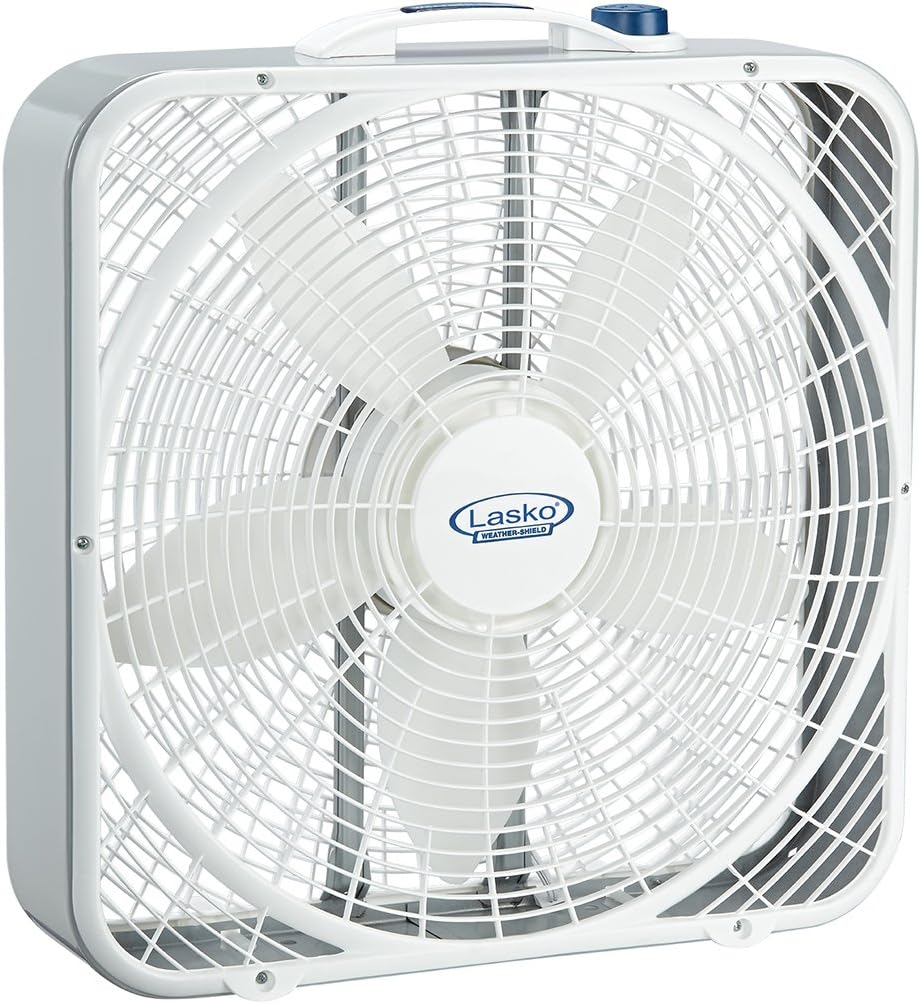 Lasko Weather-Shield Performance Box Fan, 3 Speeds, Innovative Wind Ring System for Up to 30% More Air, Carry Handle for Bedroom, Office, Home