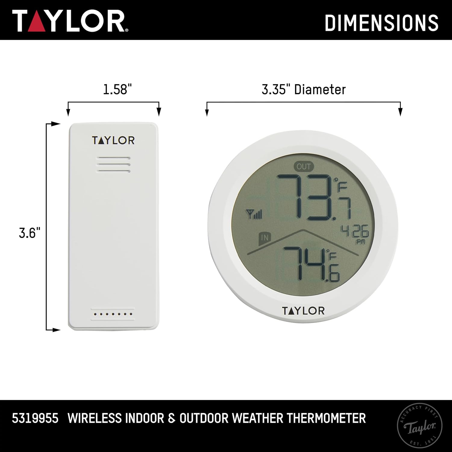 Taylor Wireless Digital Indoor Outdoor Thermometer, Easy to Read Numbers for Patio, Pool, and Indoor Areas, LCD, Black