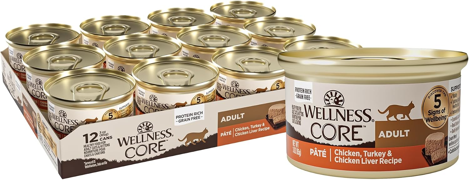 Wellness CORE Pate Adult Canned Wet Cat Food, Natural, Protein Rich, Grain Free, Turkey and Duck Recipe, 3 oz, Pack of 12 Cans