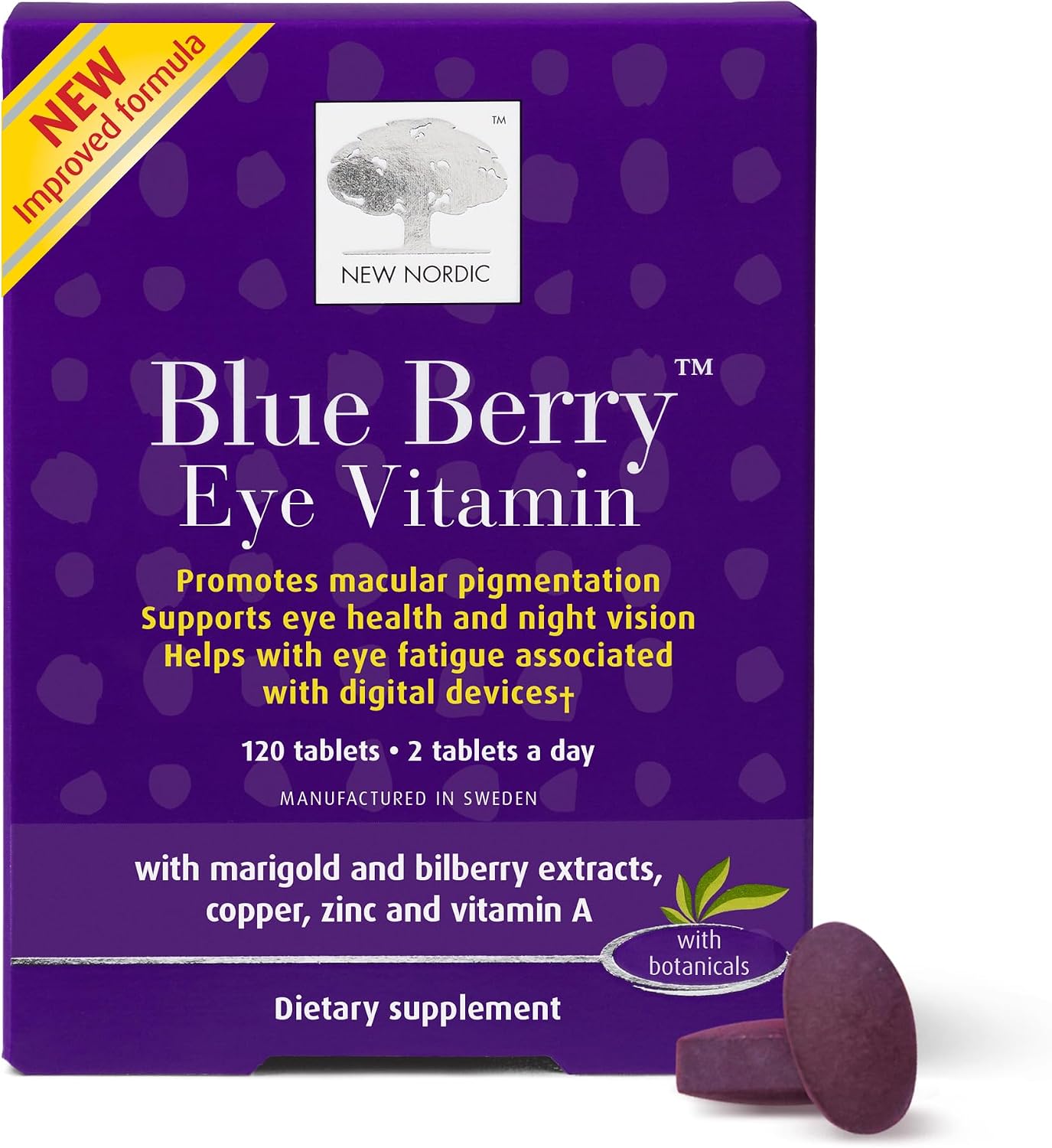 NEW NORDIC Blue Berry Eye Vitamin Supplement Daily Vision Support - 120 Ct. | Daily eye health supplements formulated with lutein and Swedish wild blueberries for simple integration into your routine