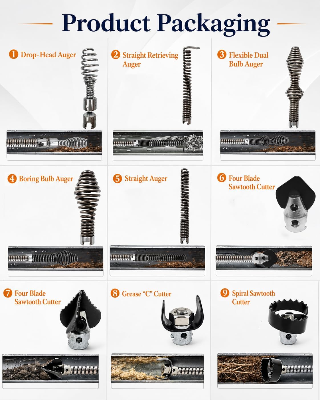 10PCS K-400 Drain Snake Drill Attachment Kit - 5/8 Inch Auger Cutter Heads & Spiral Tips Set for K-400 C-4/C-6/C-7/C-8/C-9