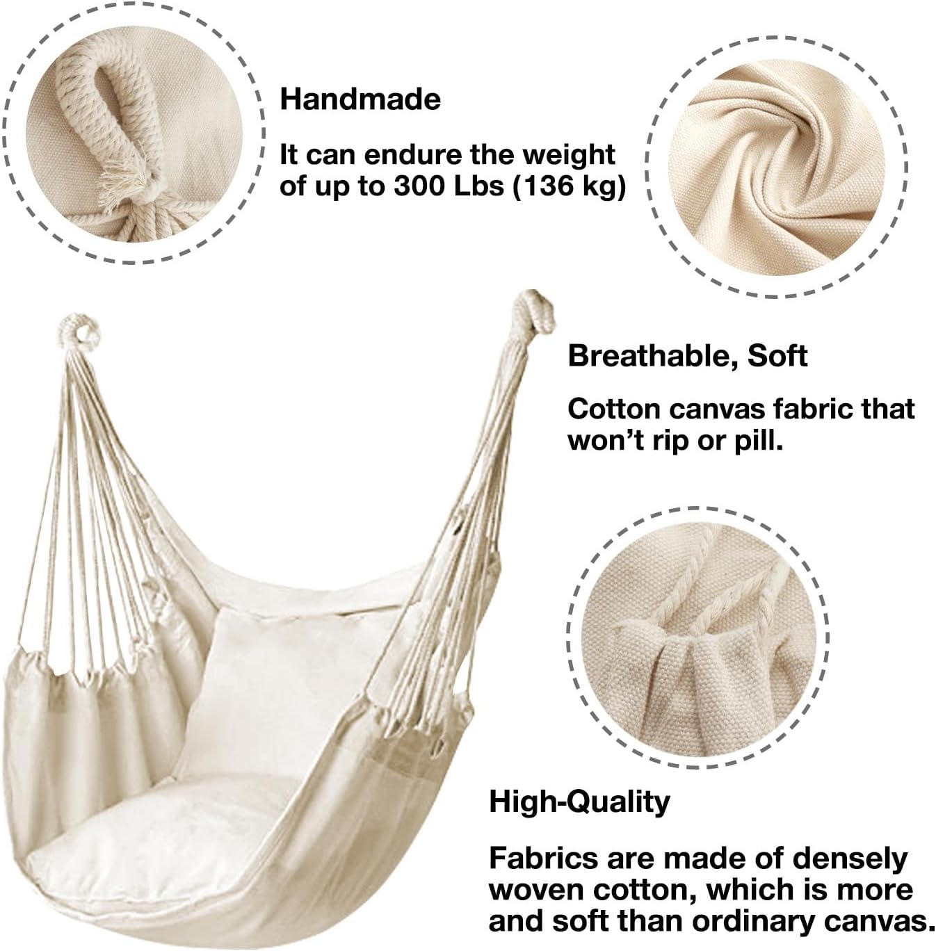 Hommtina Hammock Chair Hanging Rope Swing, Max 300 Lbs Hanging Chair with Pocket & Durability Perfect for Outdoor, Home, Bedroom, Patio