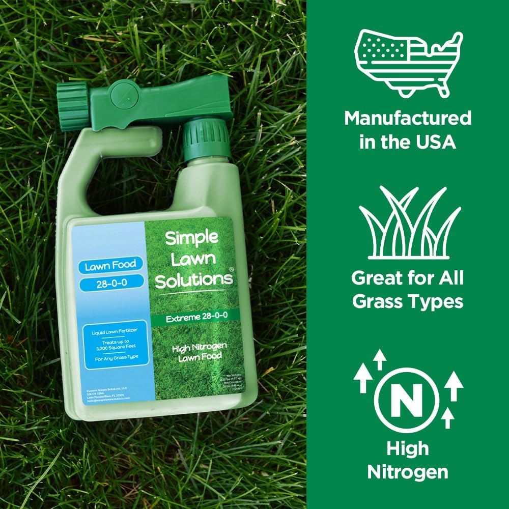 Maximum Green & Growth Fertilizer High Nitrogen 28-0-0 Liquid Lawn Food Spray Spring & Summer- Any Grass Type- Simple Lawn Solutions - Concentrated Quick & Slow Release Attached Sprayer (32 Ounce)
