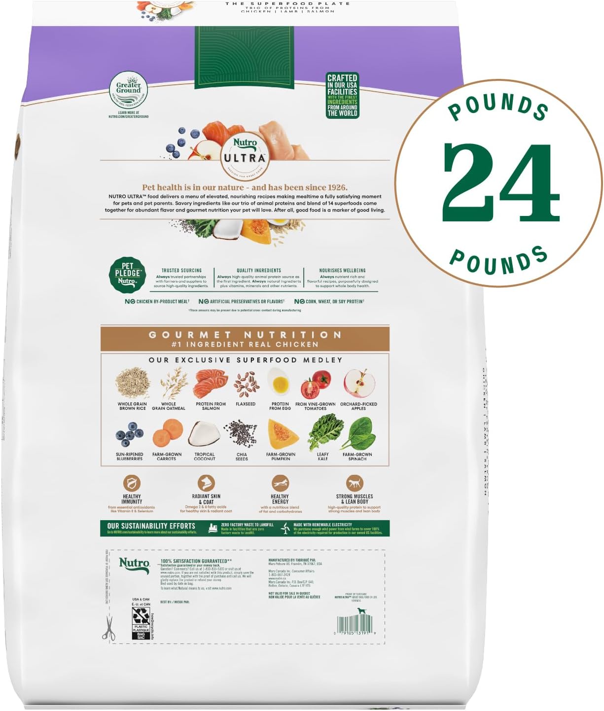 Nutro Ultra Dry Dog Food, Chicken, Lamb & Salmon Recipe, 30 lb | Trio of proteins, blend of 14 superfoods, omega 3 & 6 for radiant coat, antioxidants for immunity, natural fiber, non-GMO