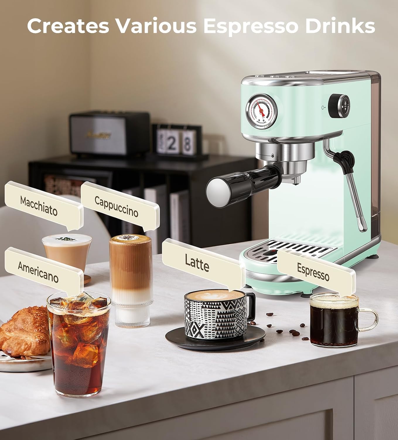 atatix 20 Bar Espresso Machine with Milk Frother, Compact Espresso Maker | Stainless Steel Coffee Machine with Precise Temp Control, 44oz Removable Water Tank for Latte, Cappuccino, White