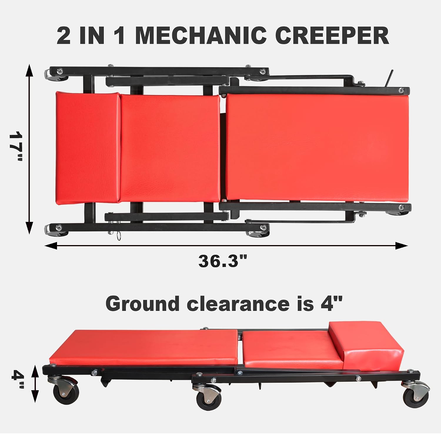 BIG RED 36" Rolling Garage Creeper, Shop Creeper Blow Molded Plastic Mechanic Cart with Padded Headrest with 4 Casters,350 LBS, Black,TR6240-P Torin
