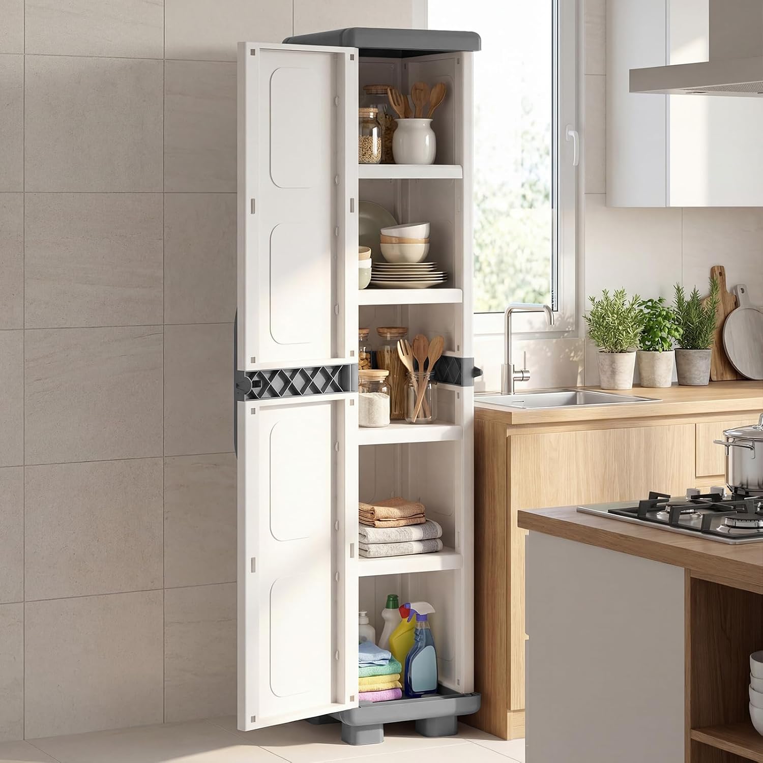 GIANTEX Storage Cabinet with 2 Doors and Adjustable Shelves, Modern Plastic Base Garage Organizer, Floor Sideboard for Kitchen, Dining Room, Bathroom (Wide-29"x19"x37",White+Brown)
