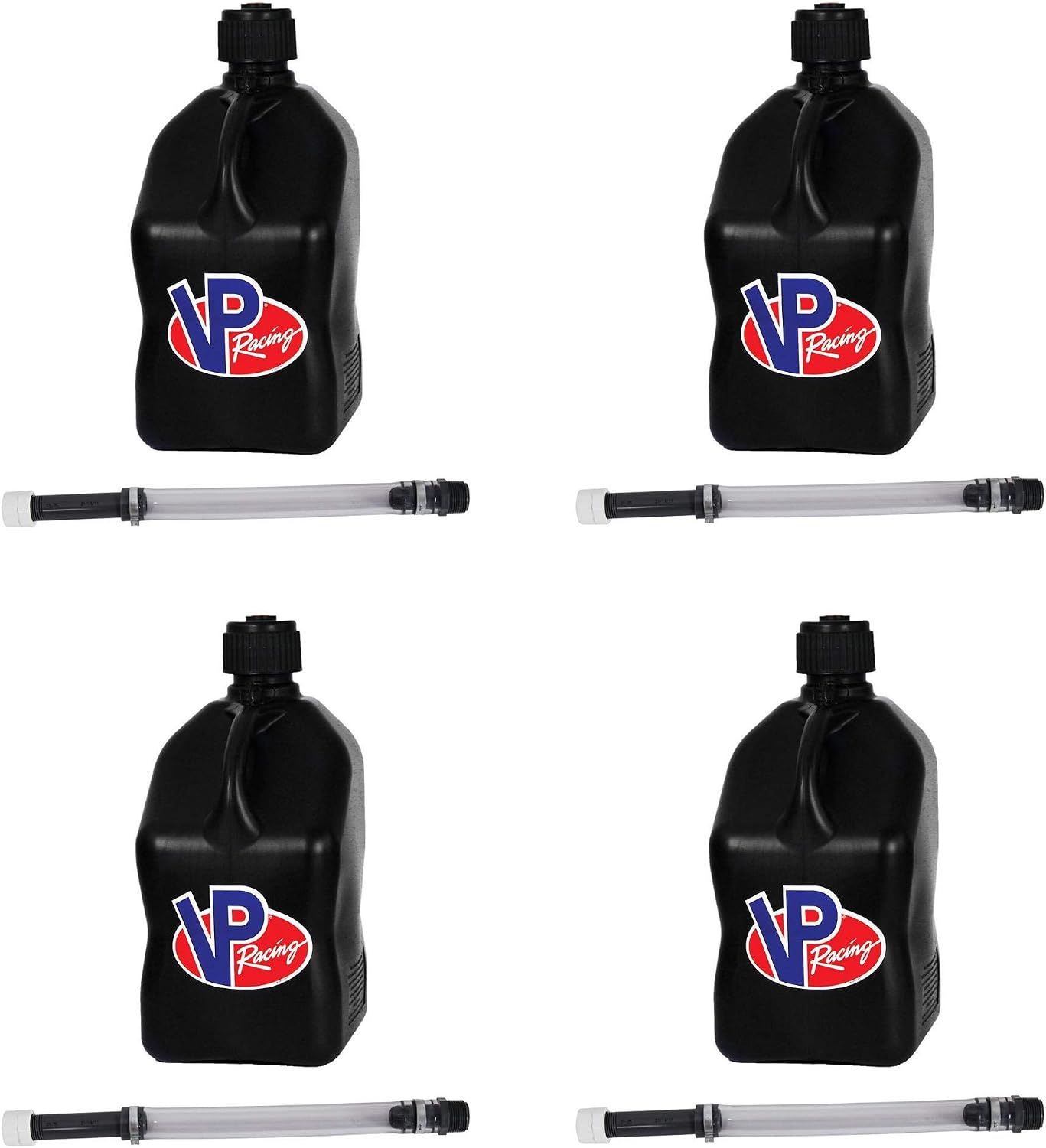 VP Racing 3582-CA, 5.5-Gallon Square Motorsport Jug Black (4 Pack) w/ 14" Deluxe Hose (4 Pack) Close-Trimmed Cap and Neck for Tight Seal