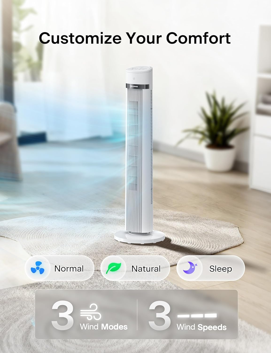 PELONIS 40-inch Bladeless Tower Fan for Bedroom, Standing Fan with Remote Control, 26ft/s, 90° Oscillation, 3 Speed Settings, 27 dB, 3 Modes