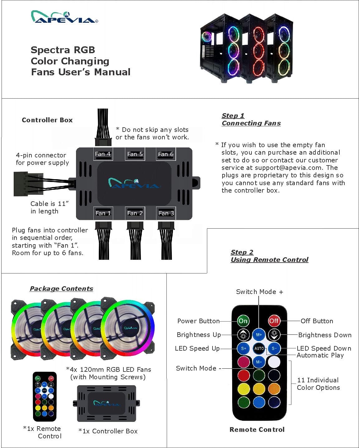 Apevia ST4-RGB Spectra 120mm Silent RGB Fan 4-Pack with Remote Control