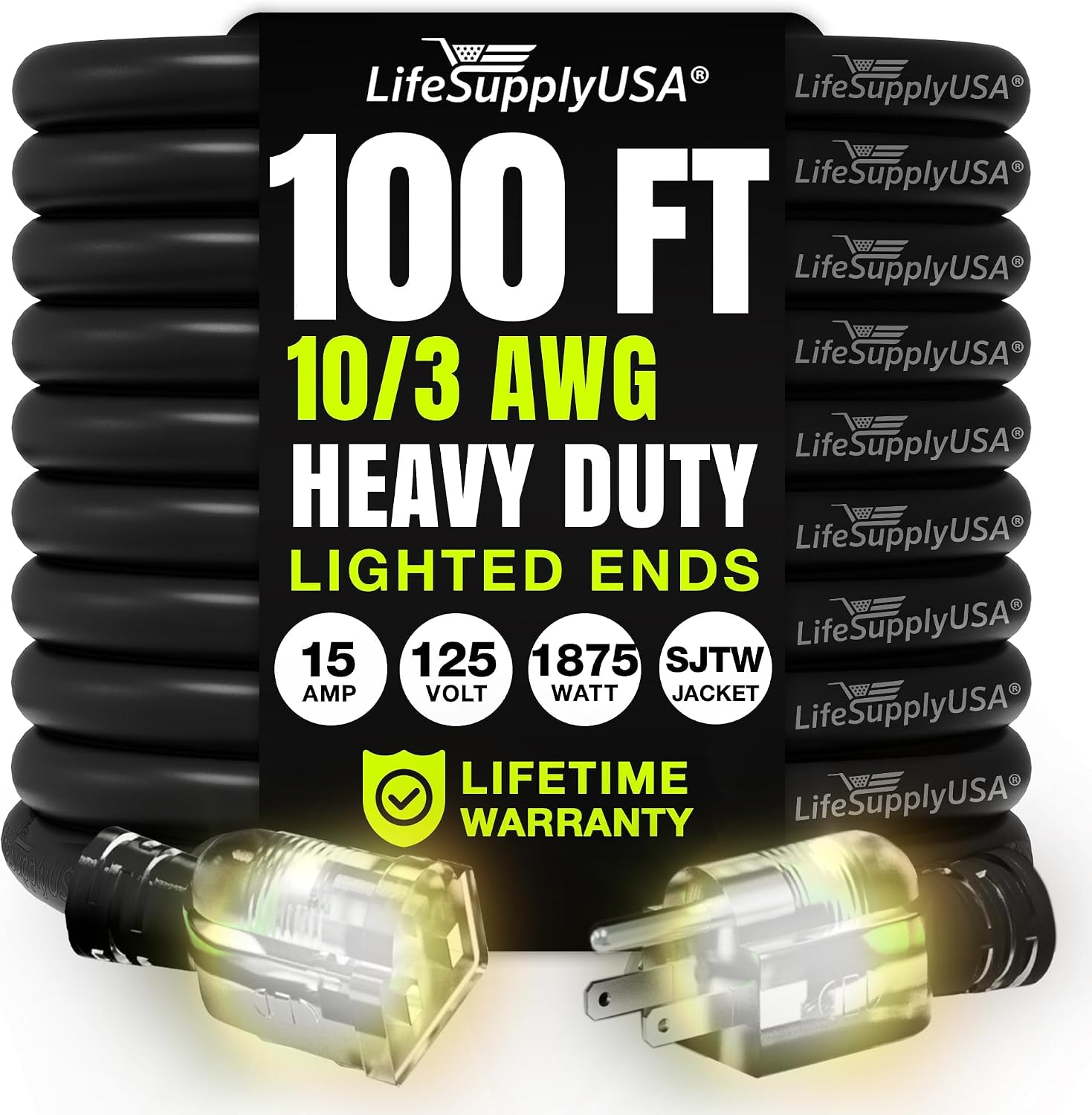 25ft Outdoor/Indoor Extension Cord 12/3 Gauge Extra Heavy Duty 3 Prong SJTW, Waterproof, Flexible Cold-Resistant Long Power Cord,15A 125V 1875W, Yellow by LifeSupplyUSA