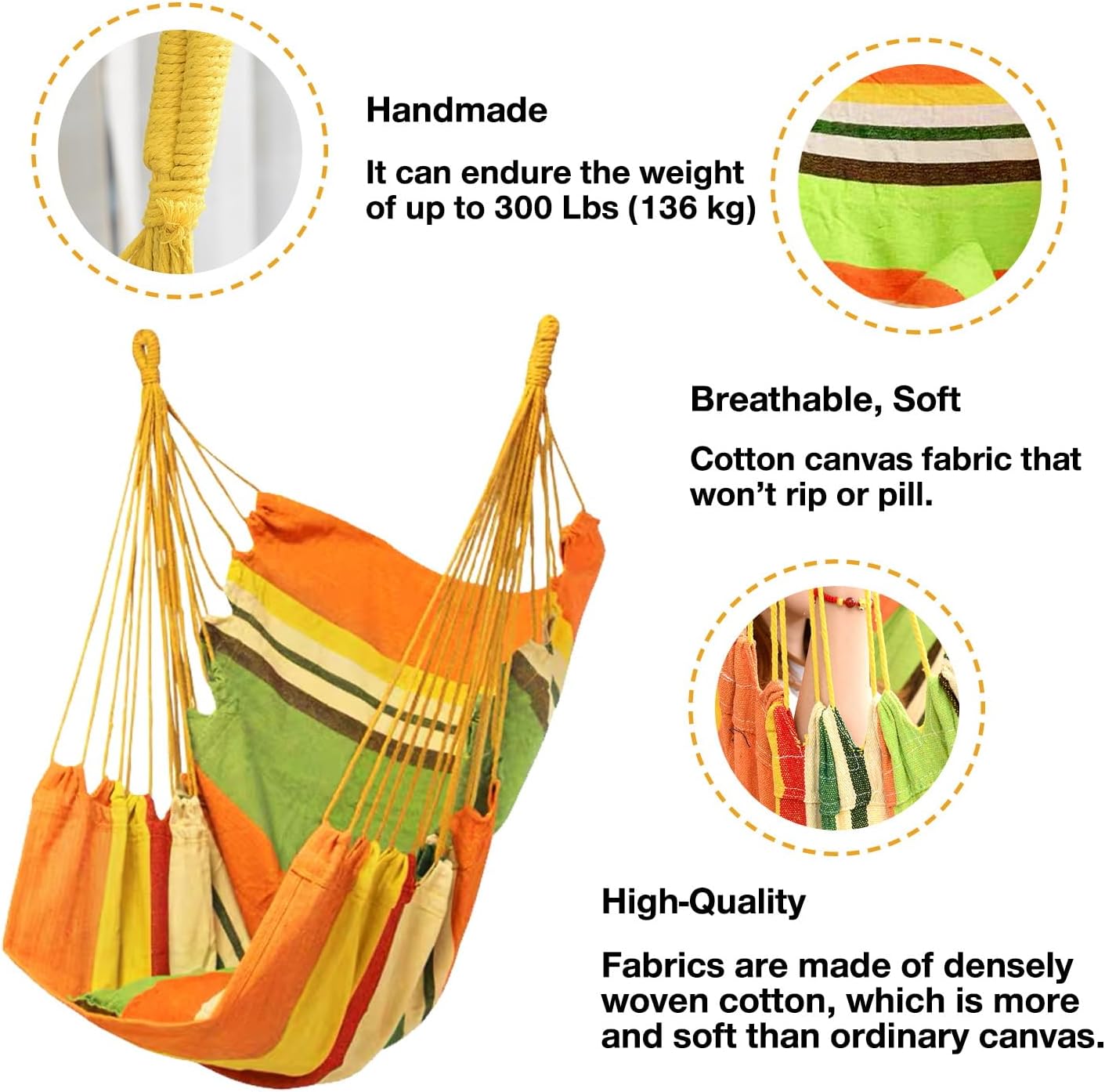 Hommtina Hammock Chair Hanging Rope Swing, Max 300 Lbs Hanging Chair with Pocket & Durability Perfect for Outdoor, Home, Bedroom, Patio