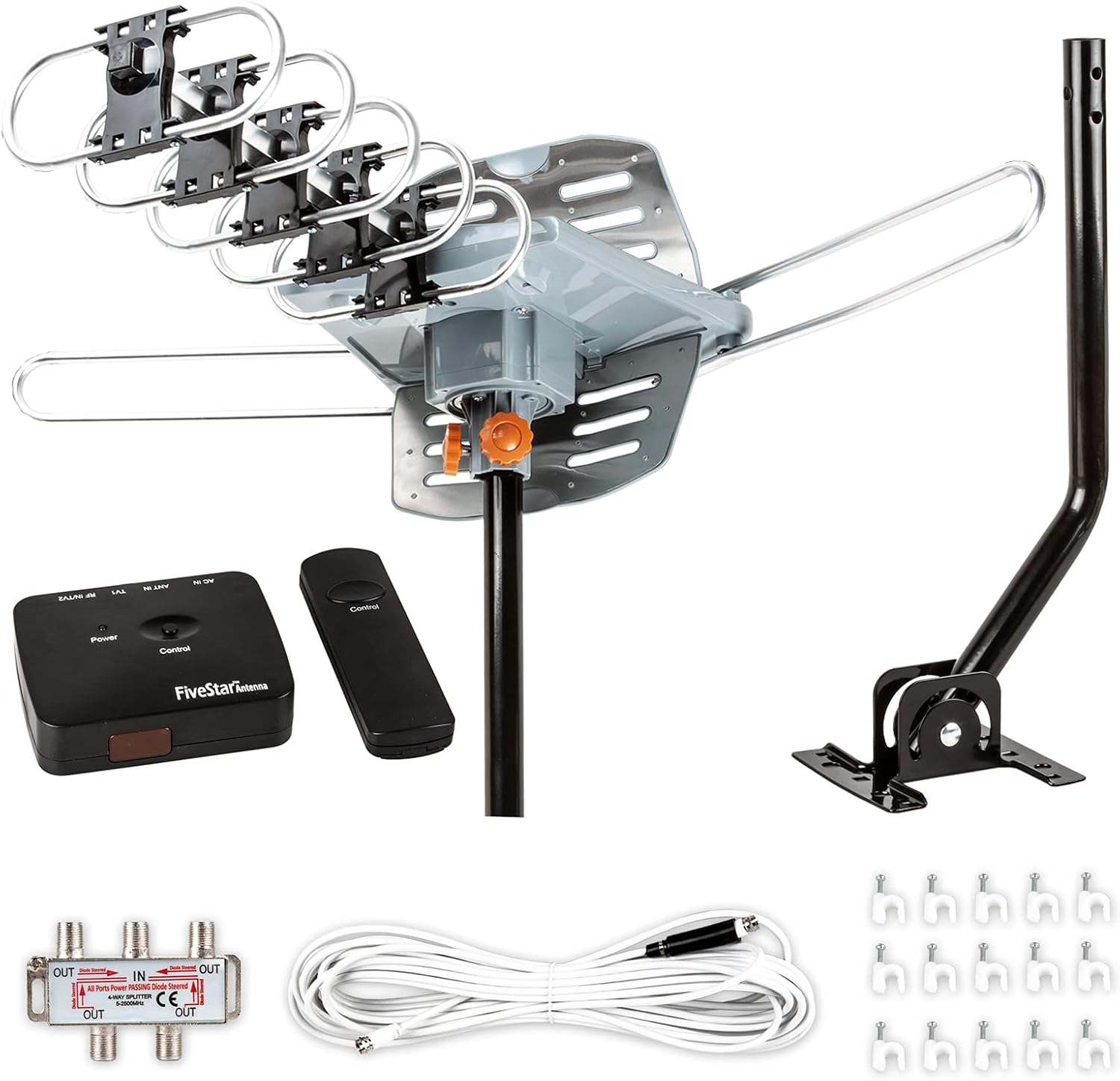 Five Star Outdoor HDTV Antenna 150 Mile Long Range – 360° Rotating TV Antenna with Amplifier, Dual TV Output, Remote Control, Weatherproof, Support 4K 1080p UHF/VHF for 2–5 TVs