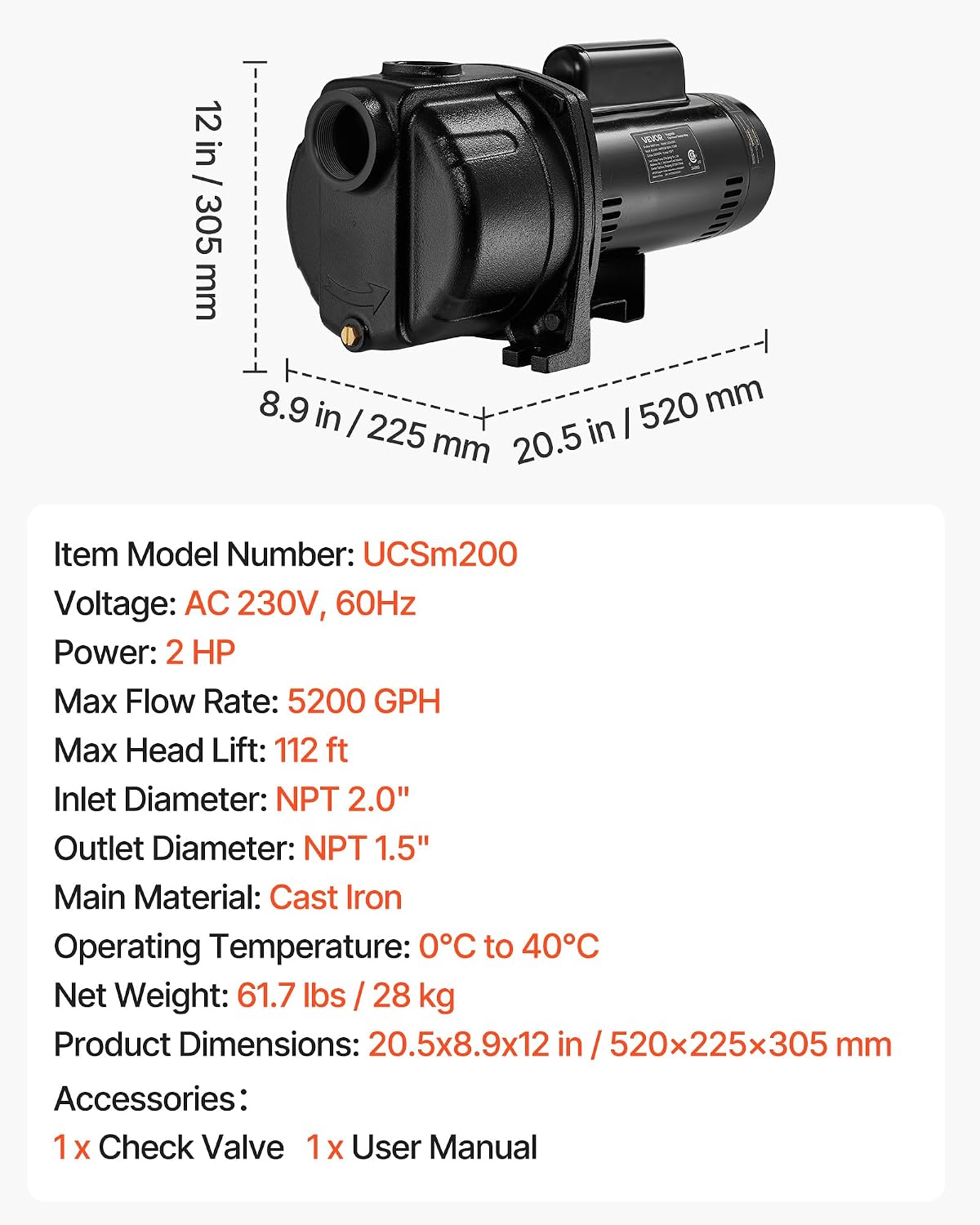VEVOR 1/2 HP Shallow Well Jet Pump, AC 115/230 Volt, 790 GPH Dual Voltage Cast Iron Well Jet Pump, with 147 ft Max Head Lift, Automatic Pressure Switch, for Garden Irrigation Lawn Sprinkler System
