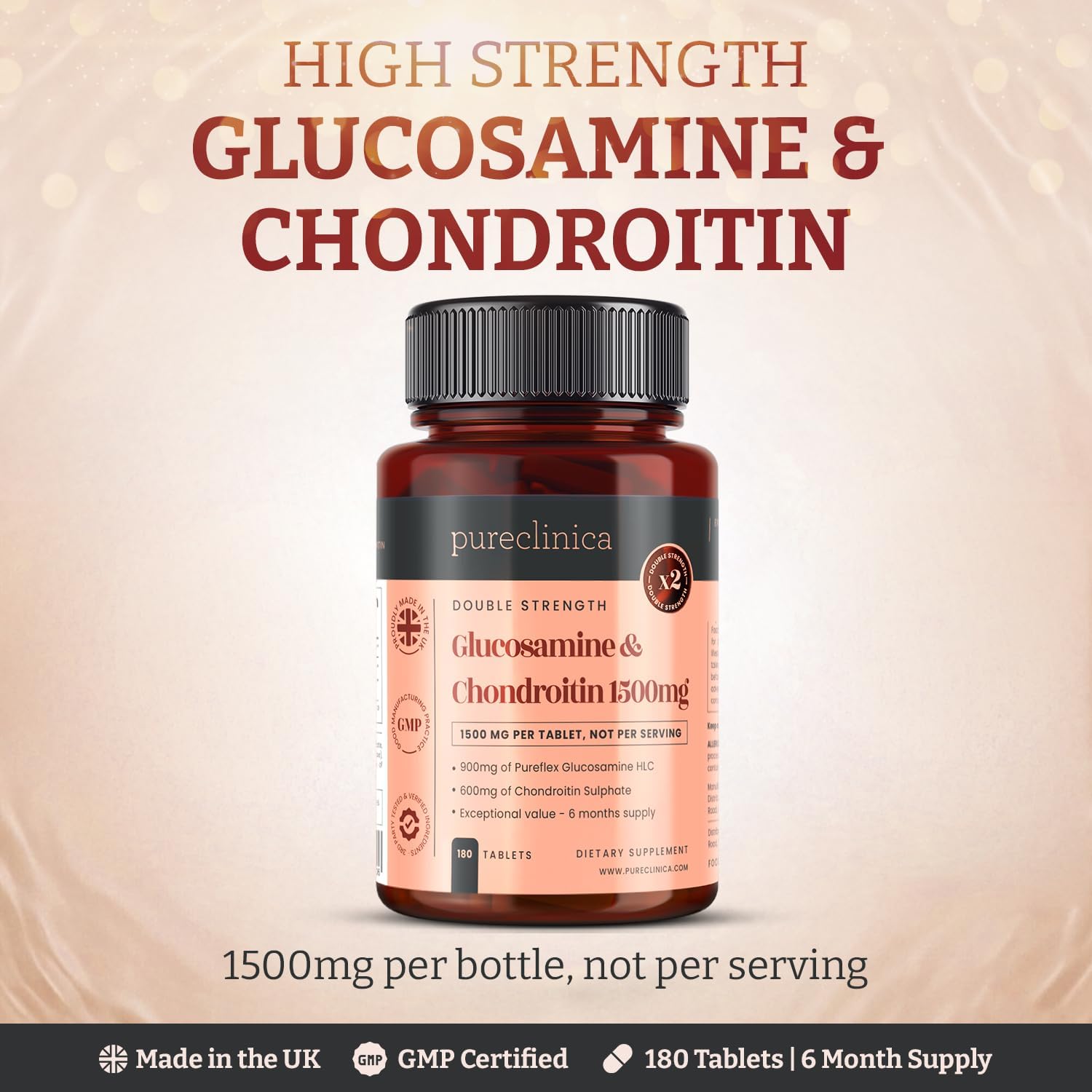 pureclinica High Strength 1500mg Glucosamine HCL & Chondroitin x 180 Tablets