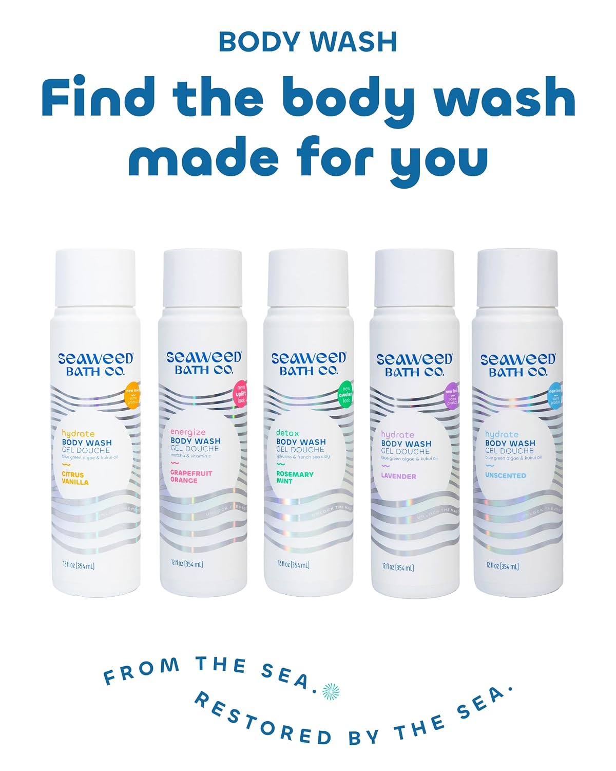 Seaweed Bath Co. Hydrate Body Wash, Unscented, 12 oz | Foaming Shower Gel Cleanser with Natural Ingredients, Fragrance Free and Gentle, Good for Sensitive Skin