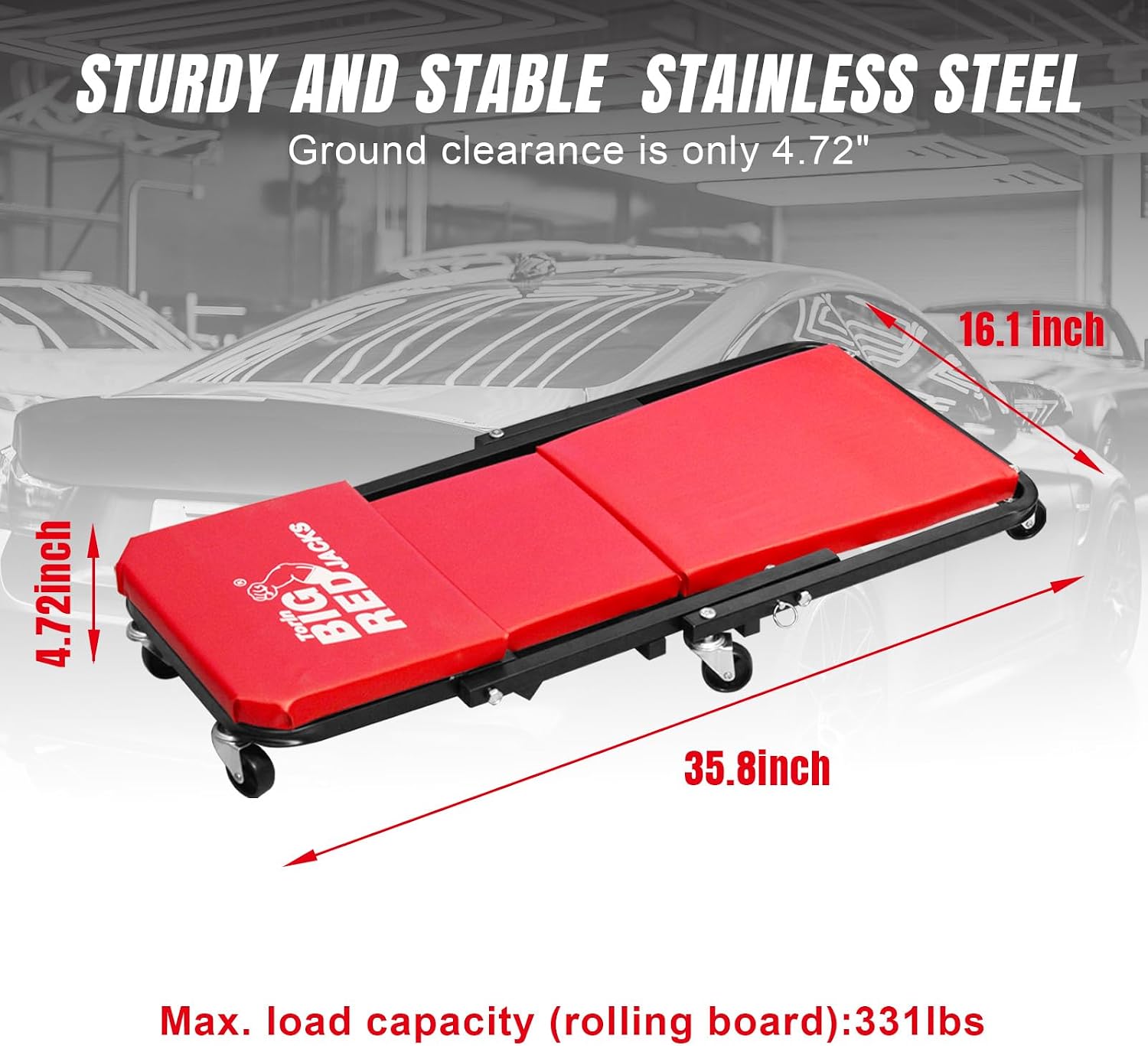 BIG RED TRP6240 Torin Blow Molded Plastic Rolling Garage/Shop Creeper: 40" Mechanic Cart with Padded Headrest, Dual Tool Trays and 6 Casters, Red