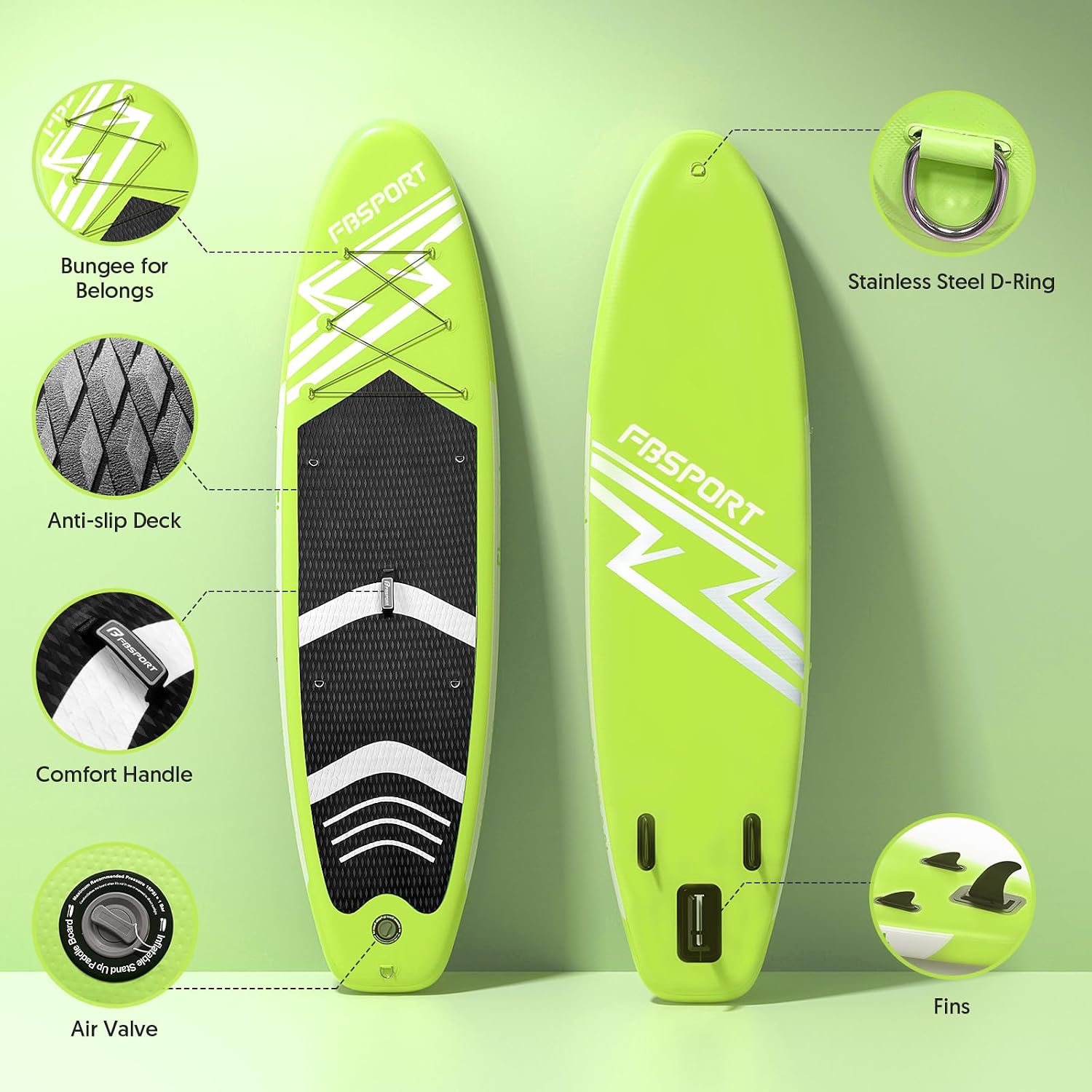 FBSPORT 11' Premium Stand Up Paddle Board, Yoga Board with SUP Accessories & Carry Bag | Wide Stance, Surf Control, Non-Slip Deck, Leash