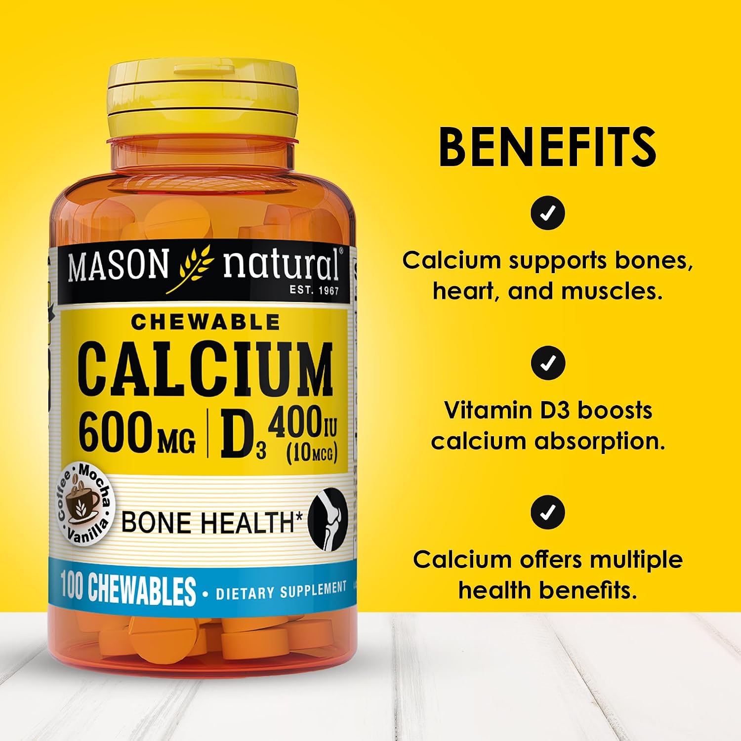 MASON NATURAL Calcium 600 mg with Vitamin D3, 100 Day Supply, Supports Healthy Bones & Normal Muscle Function, Coffee Mocha Flavor, 100 Chewables