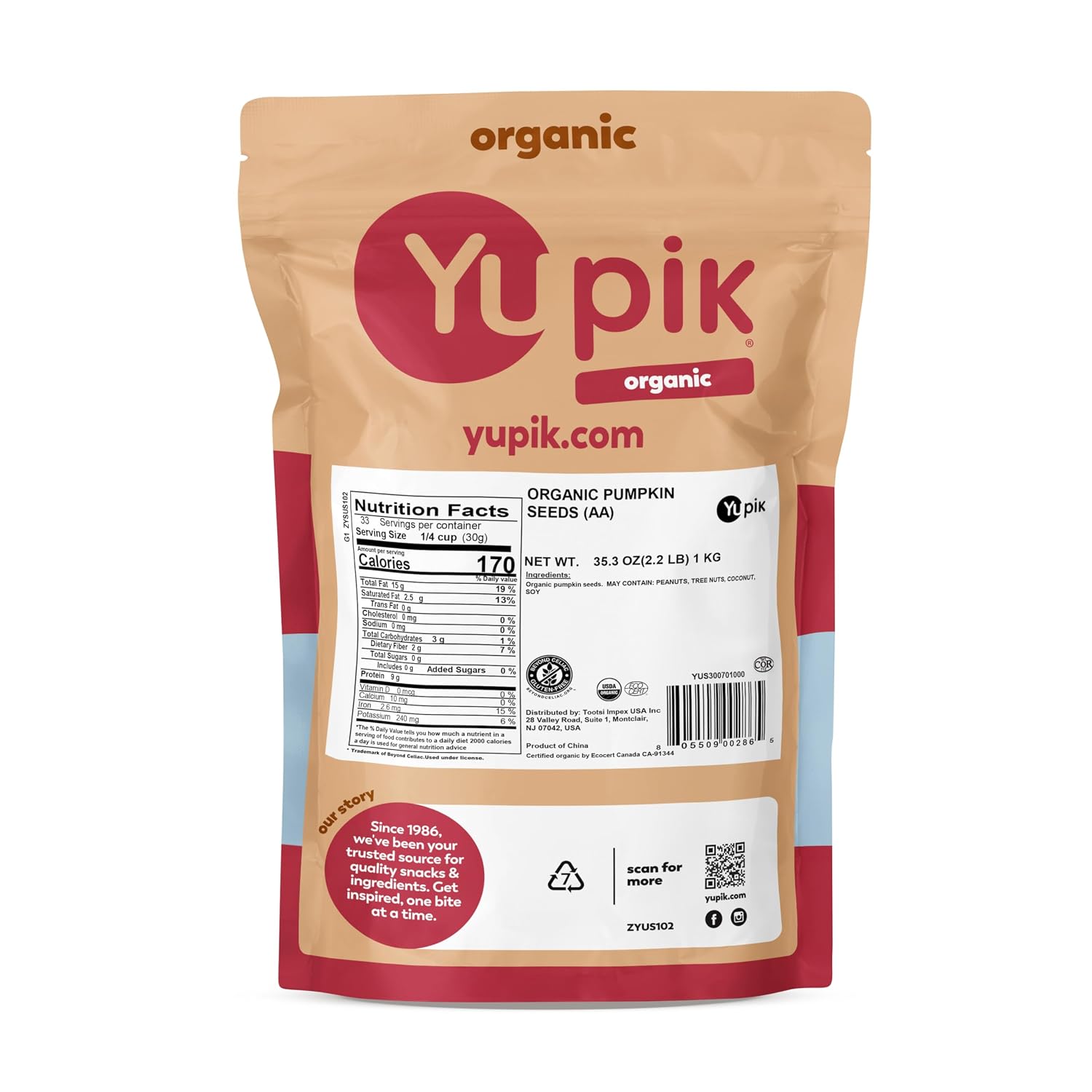 Yupik Organic Raw Pumpkin Seeds, No Shell, 2.2 lb (35.2 oz), Gluten-Free, Non-GMO, Kosher, Vegan, Shelled Pepitas, Salt-Free, Plant-Based Protein, Fiber Source, Healthy Snacks, For Baking & Topping