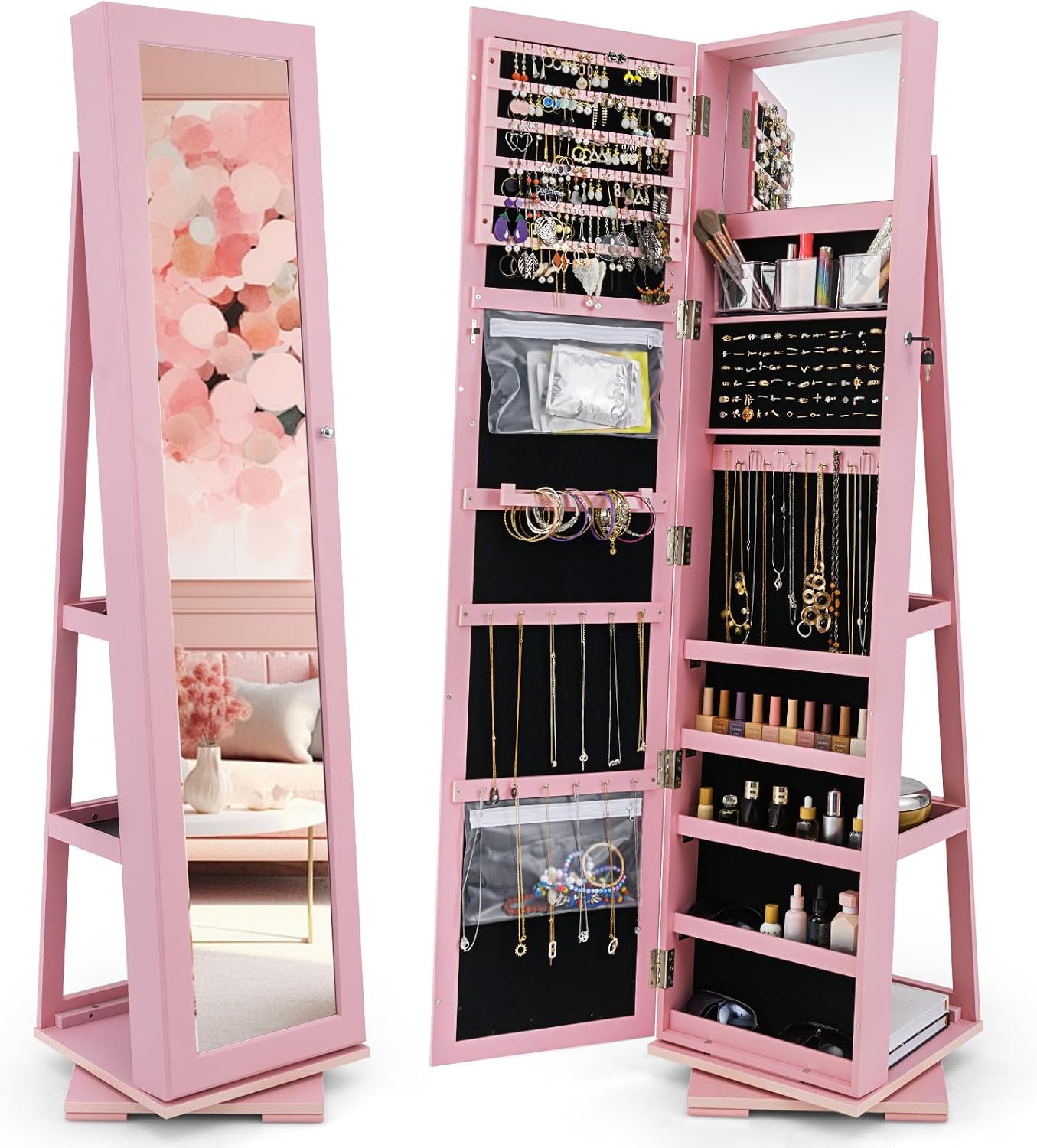 CHARMAID 360° Swivel Jewelry Armoire with Higher Full Length Mirror, Standing Lockable Jewelry Cabinet Organizer with Large Storage Capacity