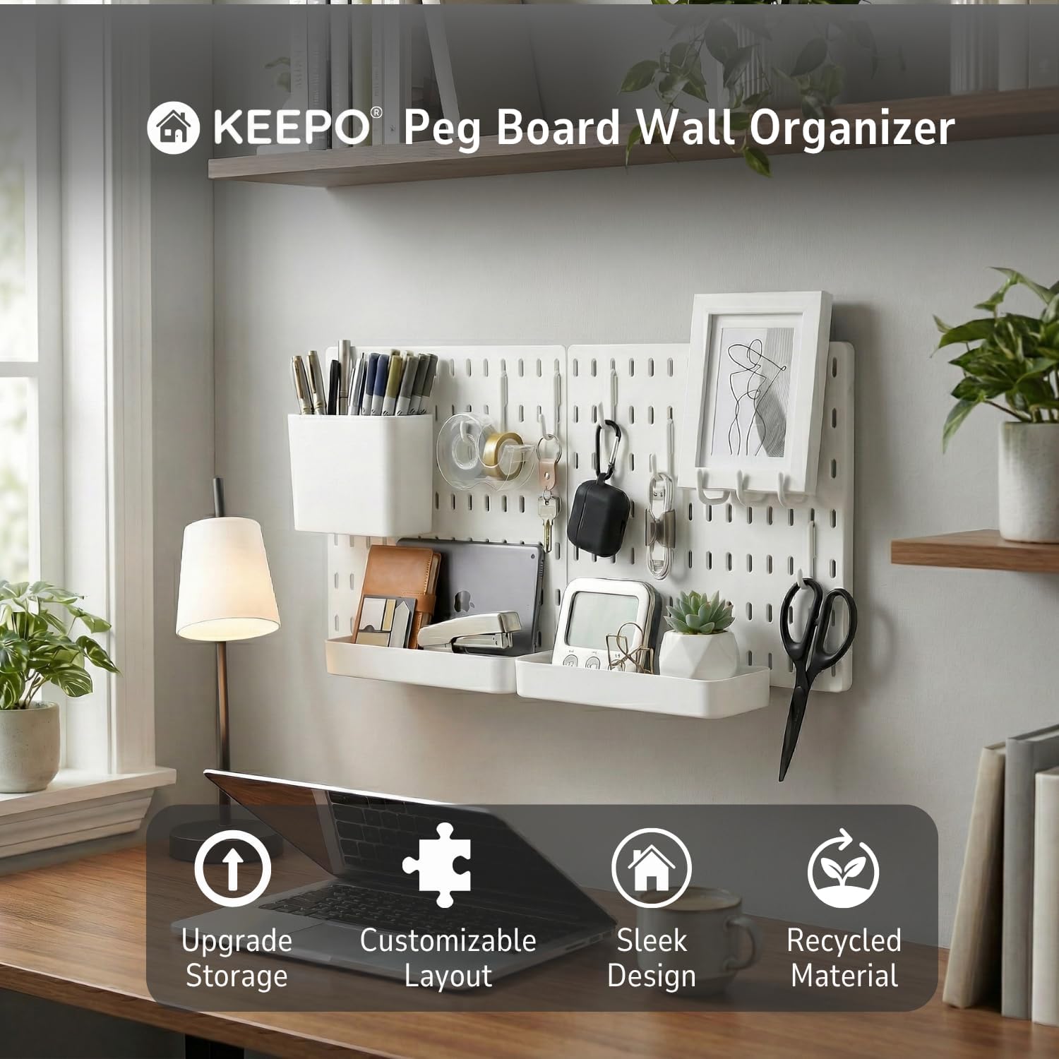 Keepo Peg Board Wall Organizer – Plastic Pegboard Panels, Modular Peg Board Storage System For Home Office, Craft Room, Gaming Setup (White