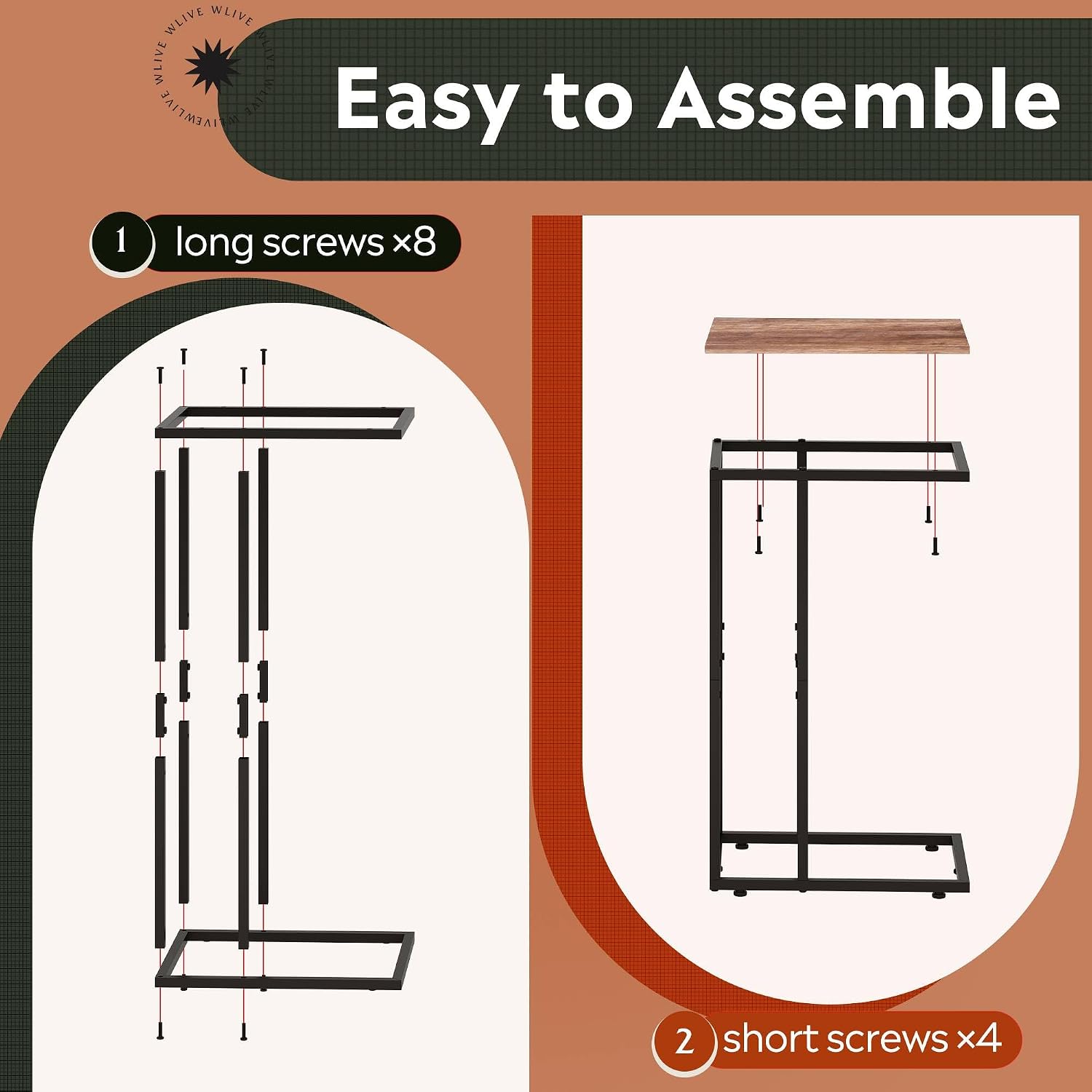 WLIVE C Shaped End Table, Small Side Tables for Sofa and Bed, Couch Table that Slides Under for Living Room, Bedroom, Home Office, Small Spaces