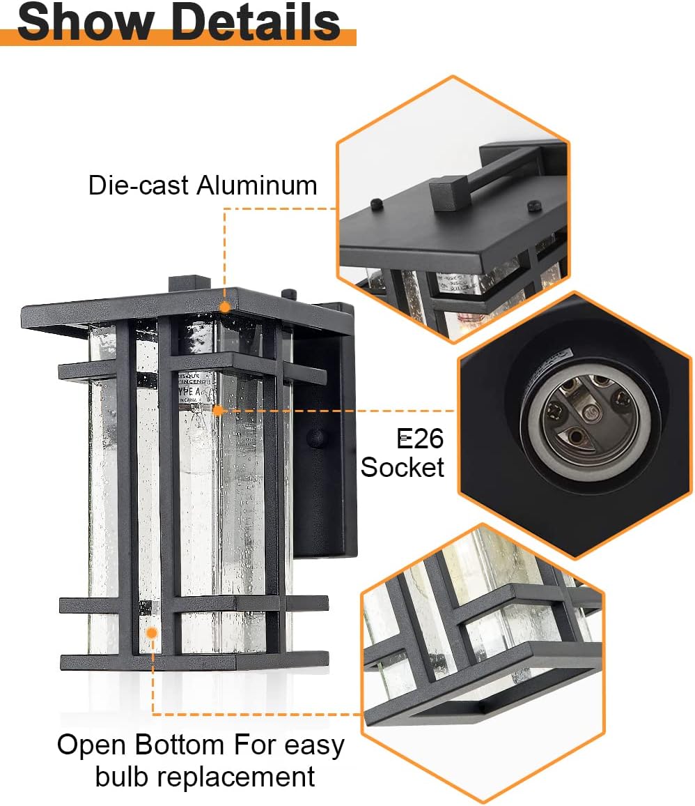 Rustic Dusk to Dawn Outdoor Wall Light Fixture 13.8"H Waterproof Exterior Wall Sconces Black Metal with Seeded Glass Sensor Outdoor Wall Lantern for