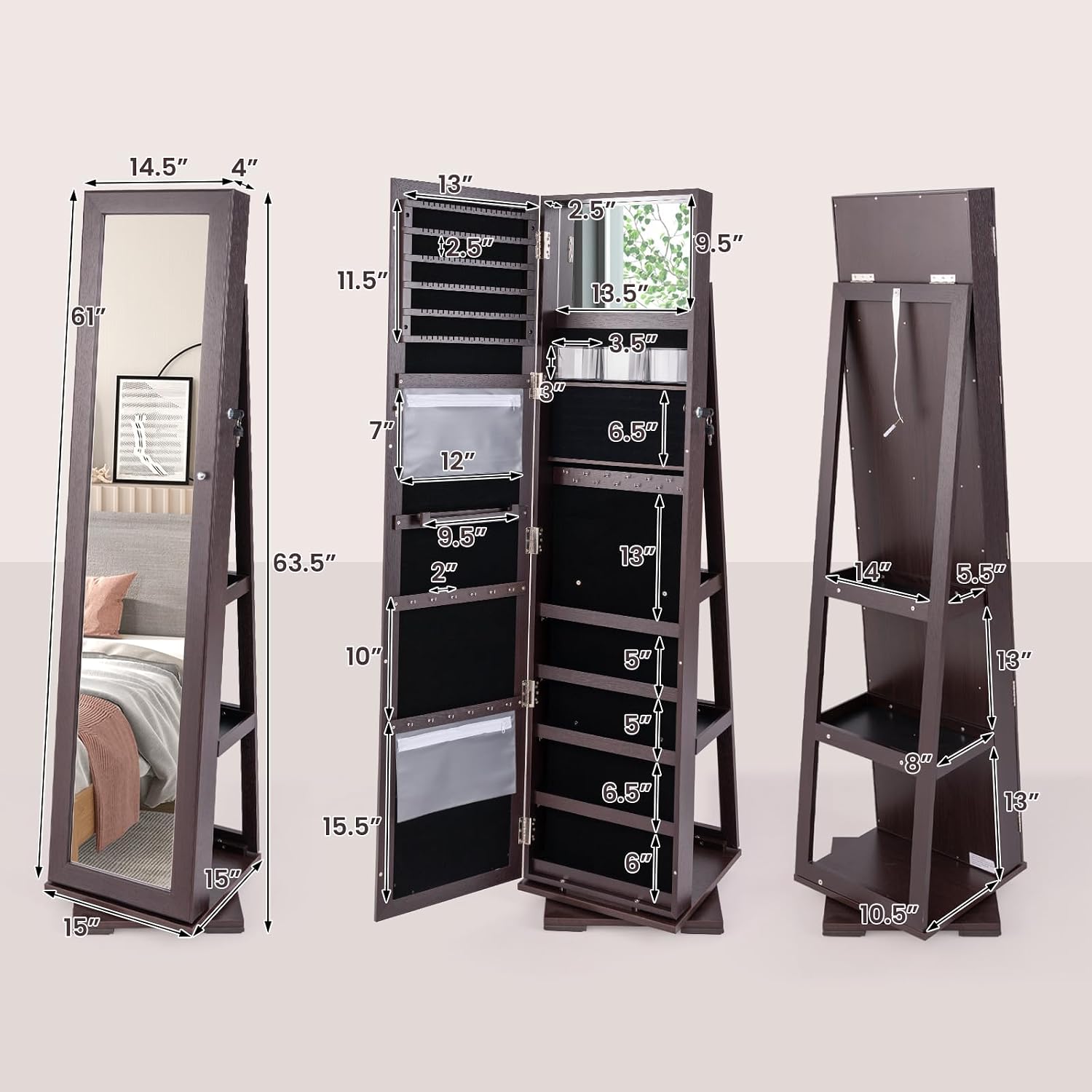 CHARMAID 360° Swivel Jewelry Armoire with Higher Full Length Mirror, Standing Lockable Jewelry Cabinet Organizer with Large Storage Capacity