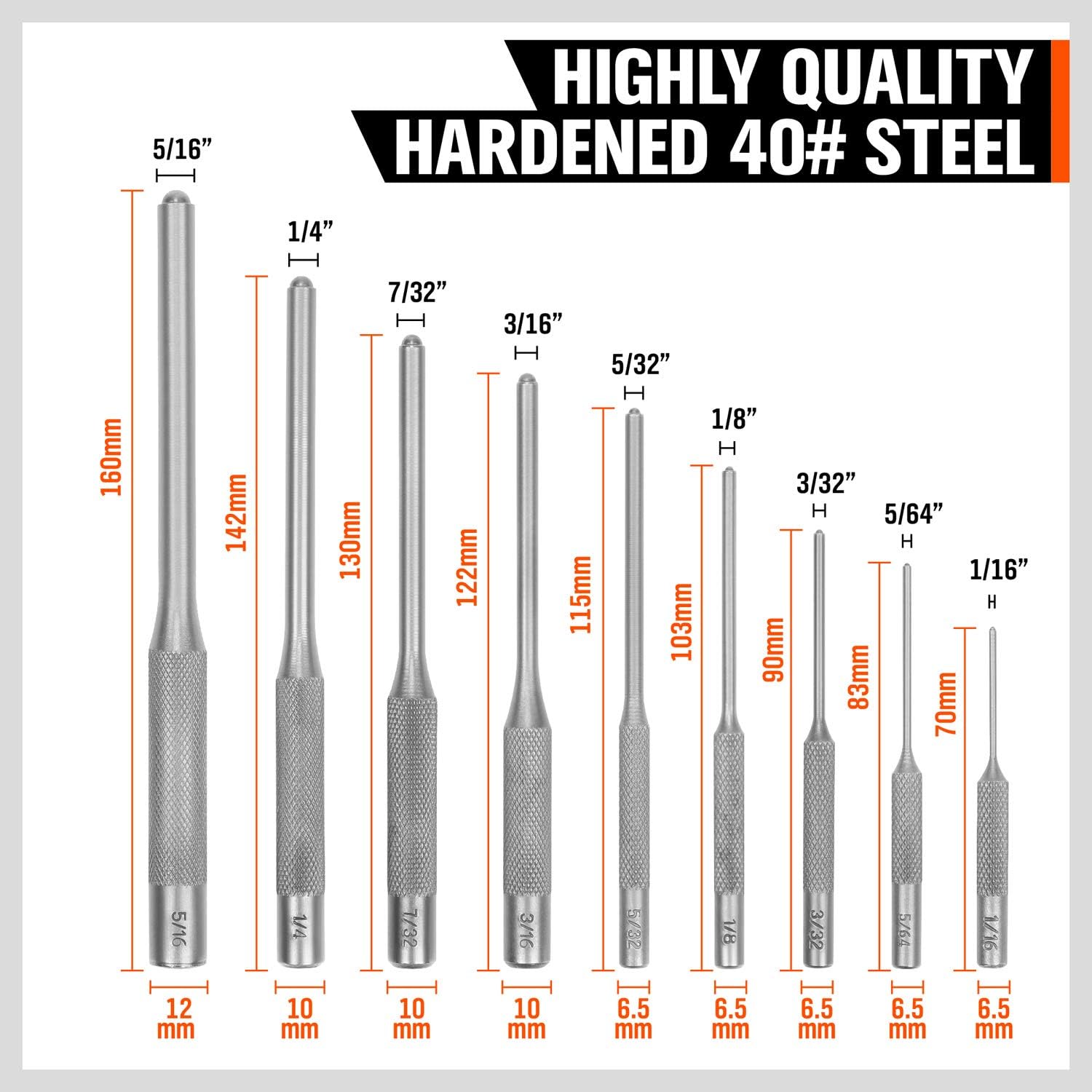 9-Piece Roll Pin Punch Set - Fast Pin Removal - Durable Steel & Construction - For Automotive, Firearm Maintenance, Watch