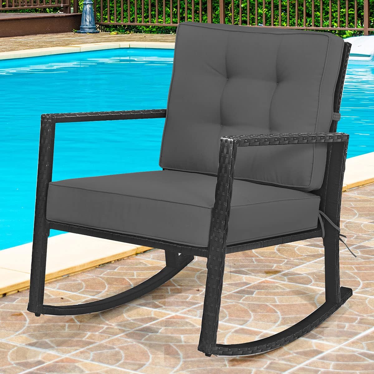 Tangkula Wicker Rocking Chair, Outdoor Glider Rattan Rocker Chair with Heavy-Duty Steel Frame