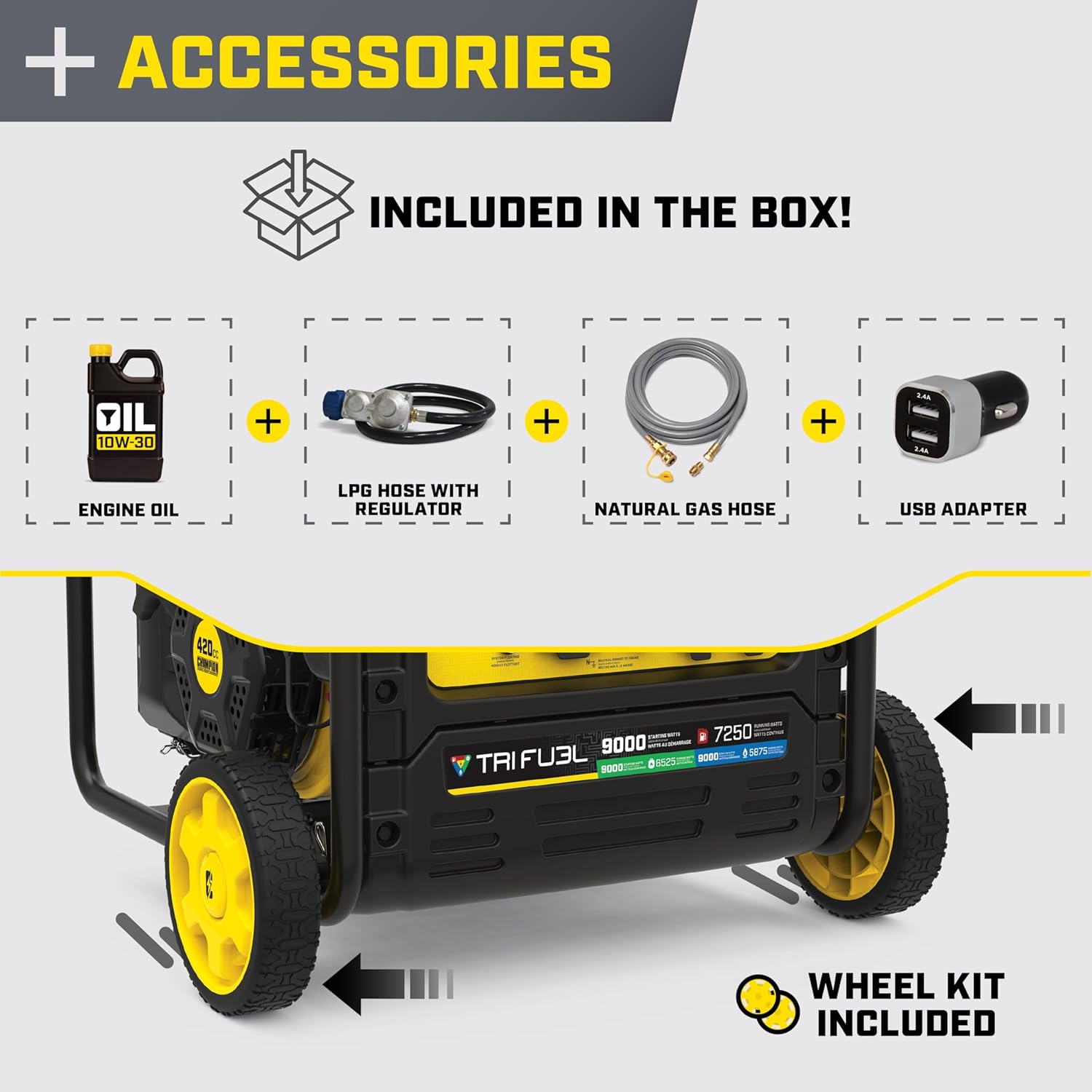 Champion Power Equipment 9000-Watt Electric Start Tri Fuel Home Backup Portable Open Frame Inverter Generator with Quiet Technology and CO Shield