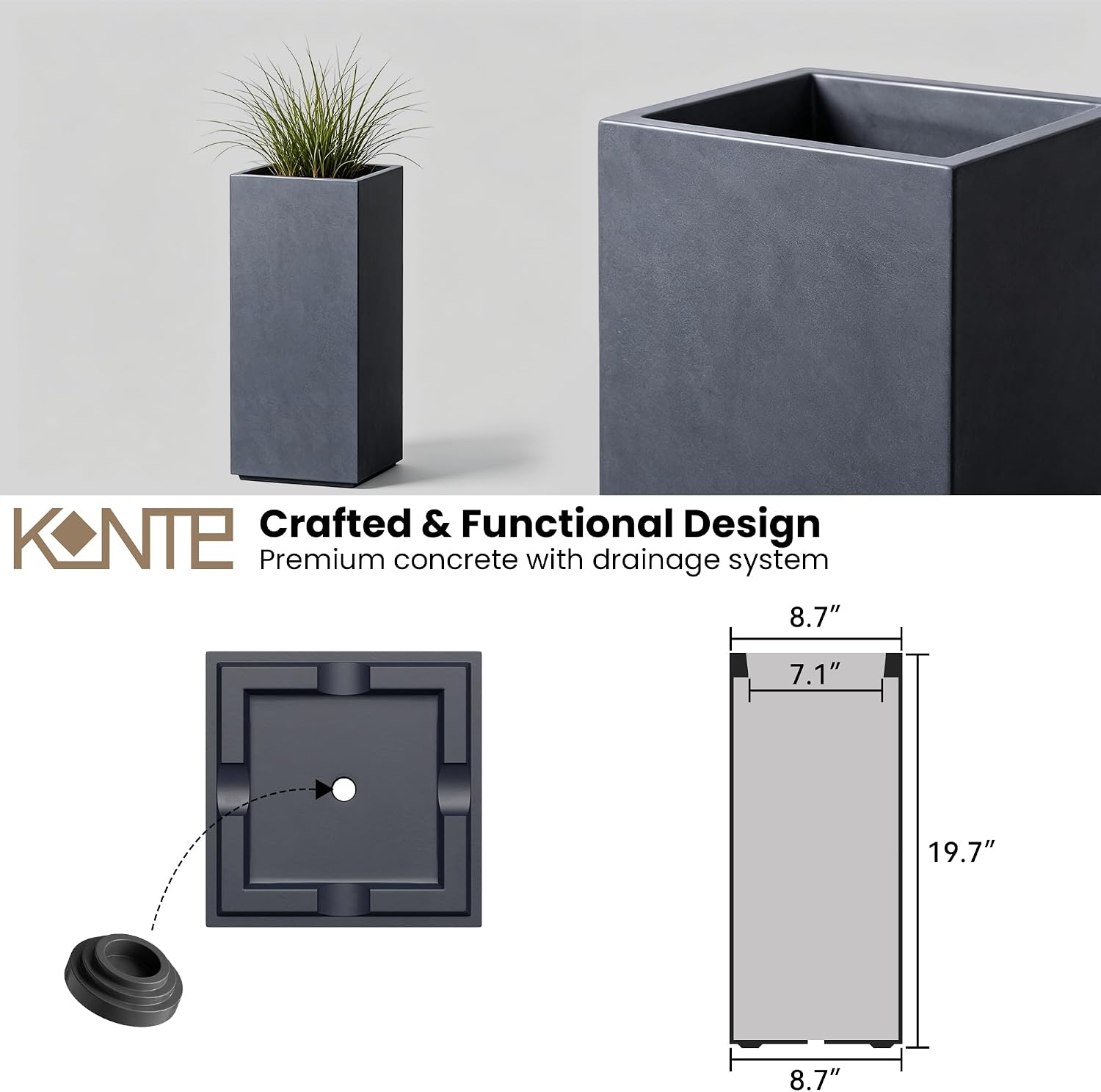 Kante Accent Column Square Pale Gray Concrete Planter 23.6" H, Outdoor