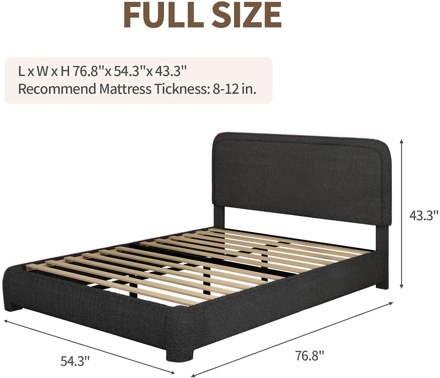 BarnFurin Full Bed Frame, Cloud Boucle Headboard, Rounded Corners, White | Soft boucle and rounded edges create a low-profile cloud look. Wooden slats support the mattress without a box spring