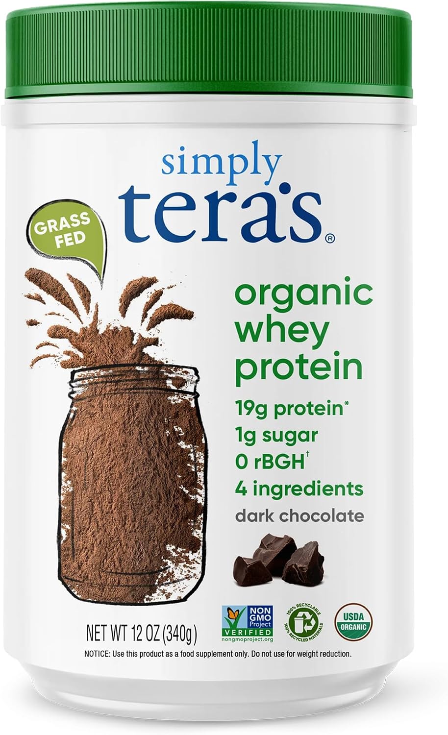 Simply tera's Organic Whey Protein Powder, Bourbon Vanilla - 12 Oz | Grass Fed Vanilla Whey Protein Powder, Clean, Made Without Artificial Sweeteners, Non-GMO, Kosher, rBGH-Free, Organic
