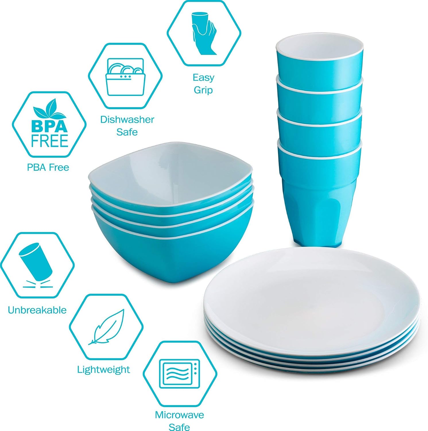 PLASTI HOME Reusable Plastic Dinnerware Set (12pcs) – Ideal For Kids. Fancy Hard Plastic Plates