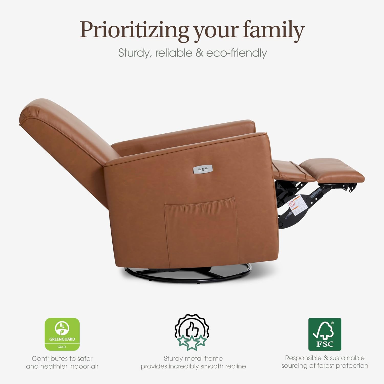 évolur Harlow Upholstered Power Glider Recliner with USB Charging – Rocking & 275° Swivel with Smooth Glide – Greenguard Gold & FSC