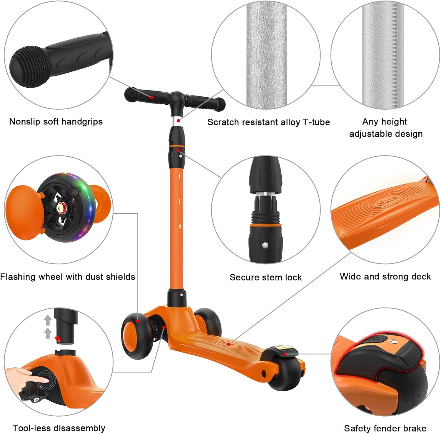 Allek Kick Scooter B03, Lean 'N Glide 3-Wheeled Push Scooter with Extra Wide PU Light-Up Wheels